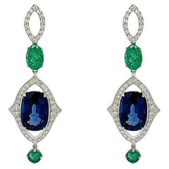 5.61 Carat Blue Sapphire and 1.20 Carat Emerald Earrings in 18K White Gold