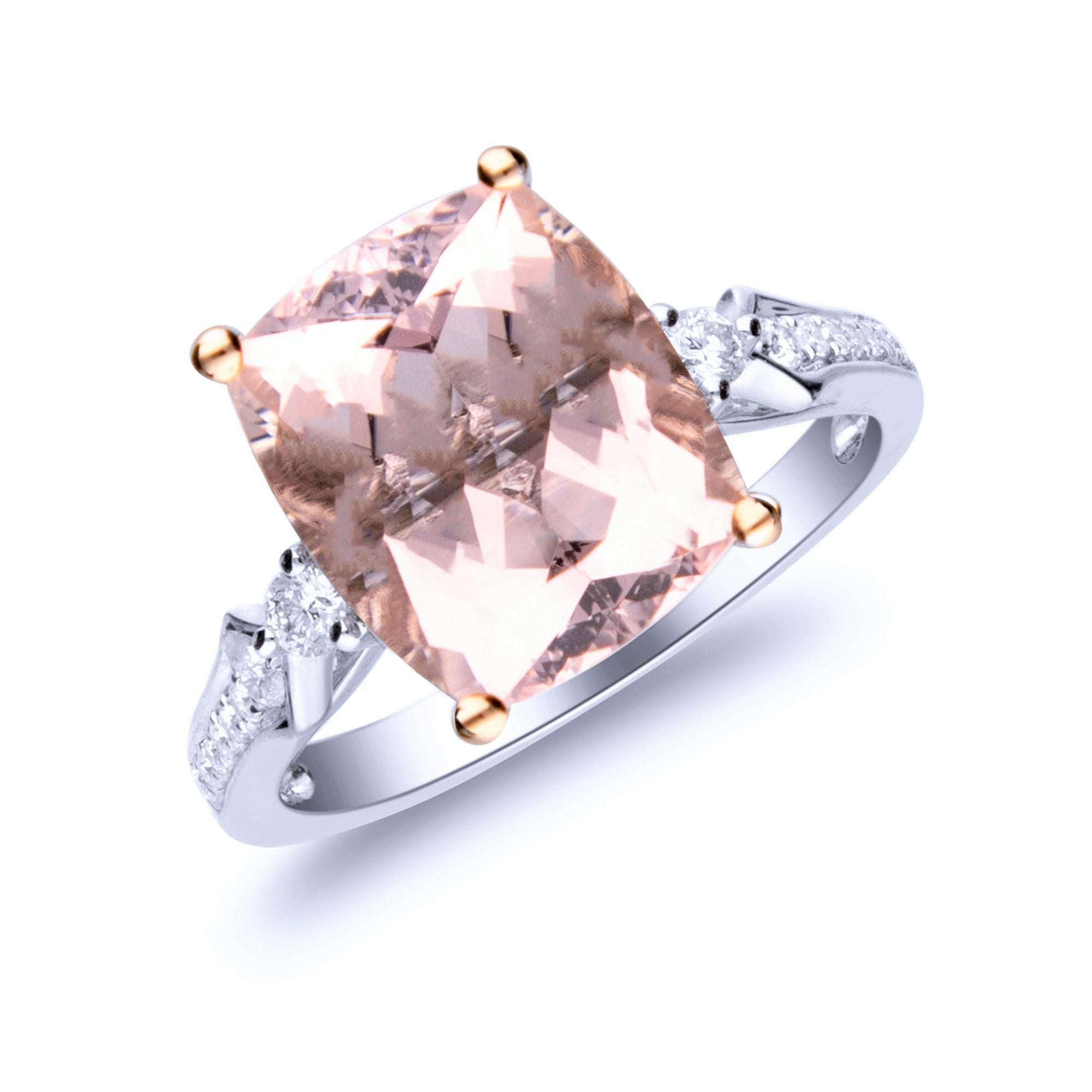 This beautiful Genuine Morganite Ring is crafted in 14-karat White gold and features a 5.61 carat 1 Pc Genuine Morganite and 18 Pcs Round White Diamonds in GH- I1 quality with 0.22 Ct in a prong-setting. This Ring comes in sizes 6 to 9, and it is a