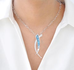 5.61 Carat Gradient Blue Topaz Baguette Cut Diamond White Gold Pendant Brooch