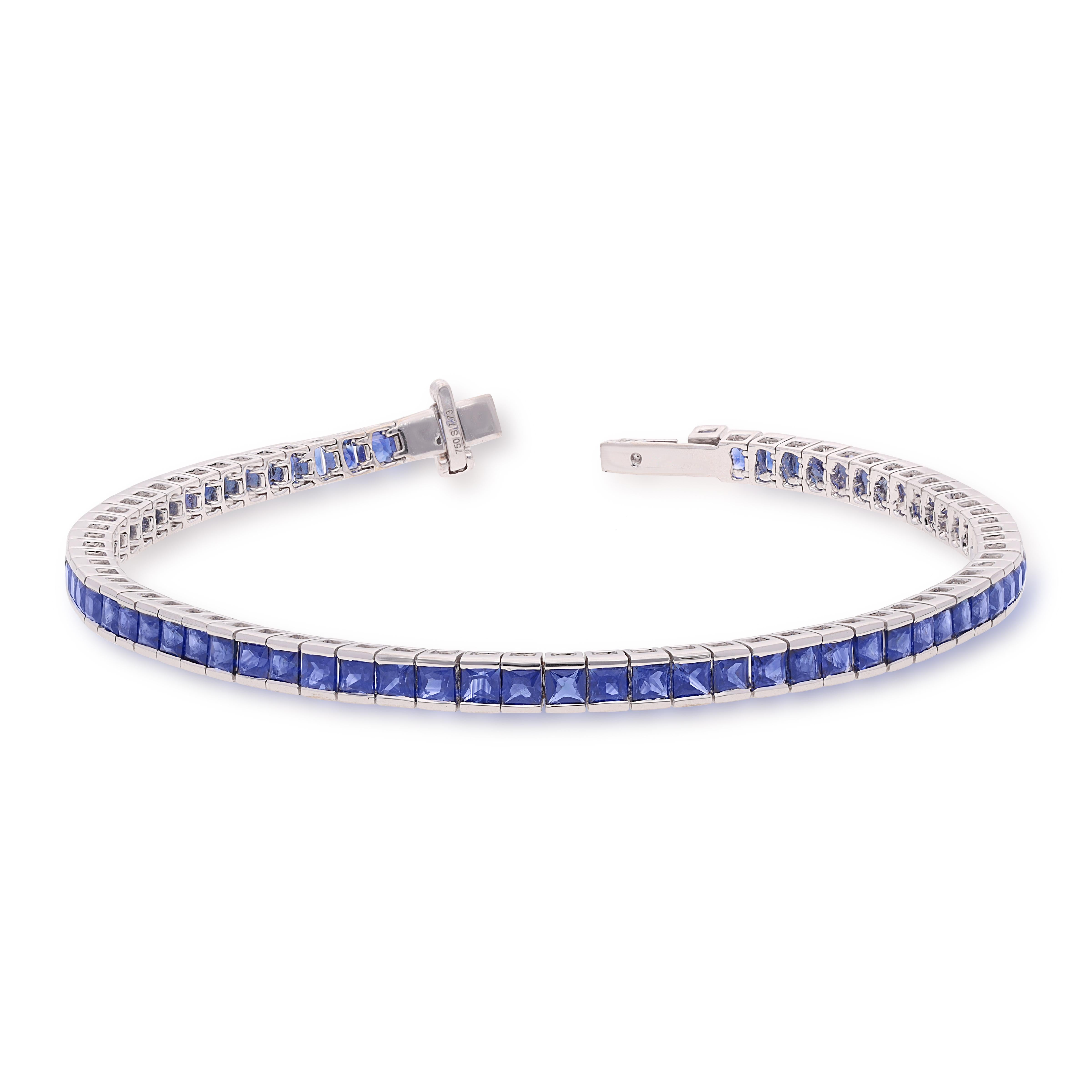 Princess Cut 5.61 Carat Sapphire & Diamond Bracelet in 18 Karat White Gold For Sale
