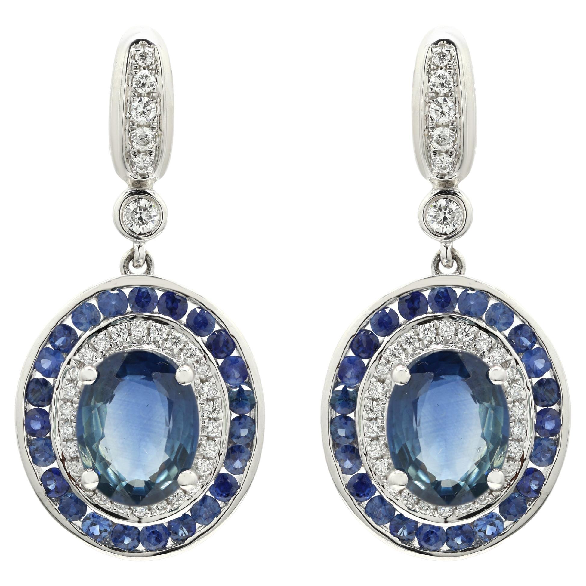 5.61 ct Blue Sapphire and Diamond Wedding Dangle Earrings in 14K White Gold  For Sale