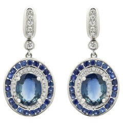 5.61 ct Blue Sapphire and Diamond Wedding Dangle Earrings in 14K White Gold 