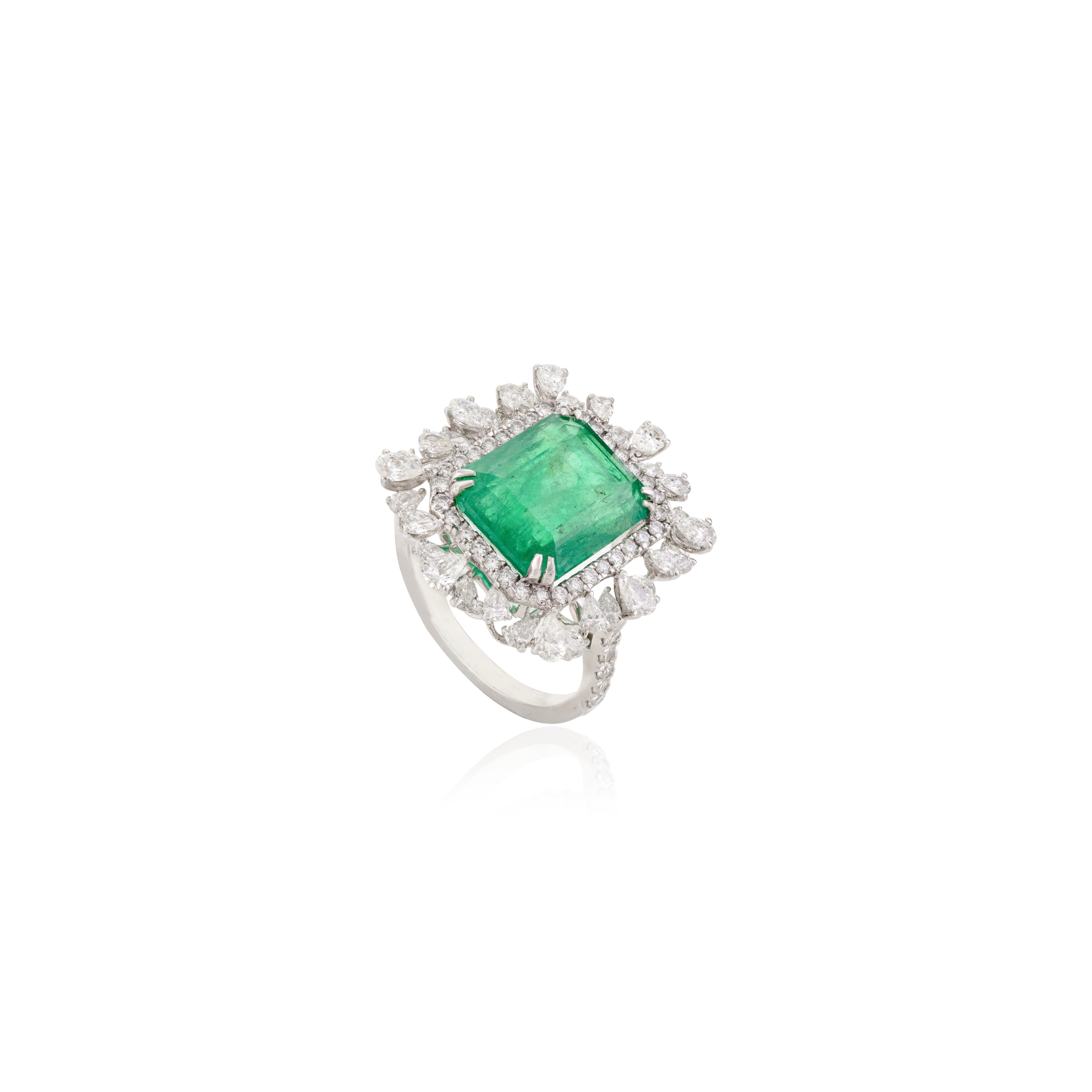 For Sale:  5.61 CTW Zimbabwe Emerald Cocktail Ring with Halo Diamonds in 18k White Gold 6