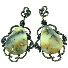 56.10 Ct Agate, 1.15 Ct Sapphire and 2.12 Ct Diamond Earring in Silver, 14K Gold