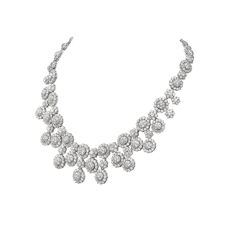 56.18 Carat Round Diamond Necklace 18 Karat White Gold High Collar