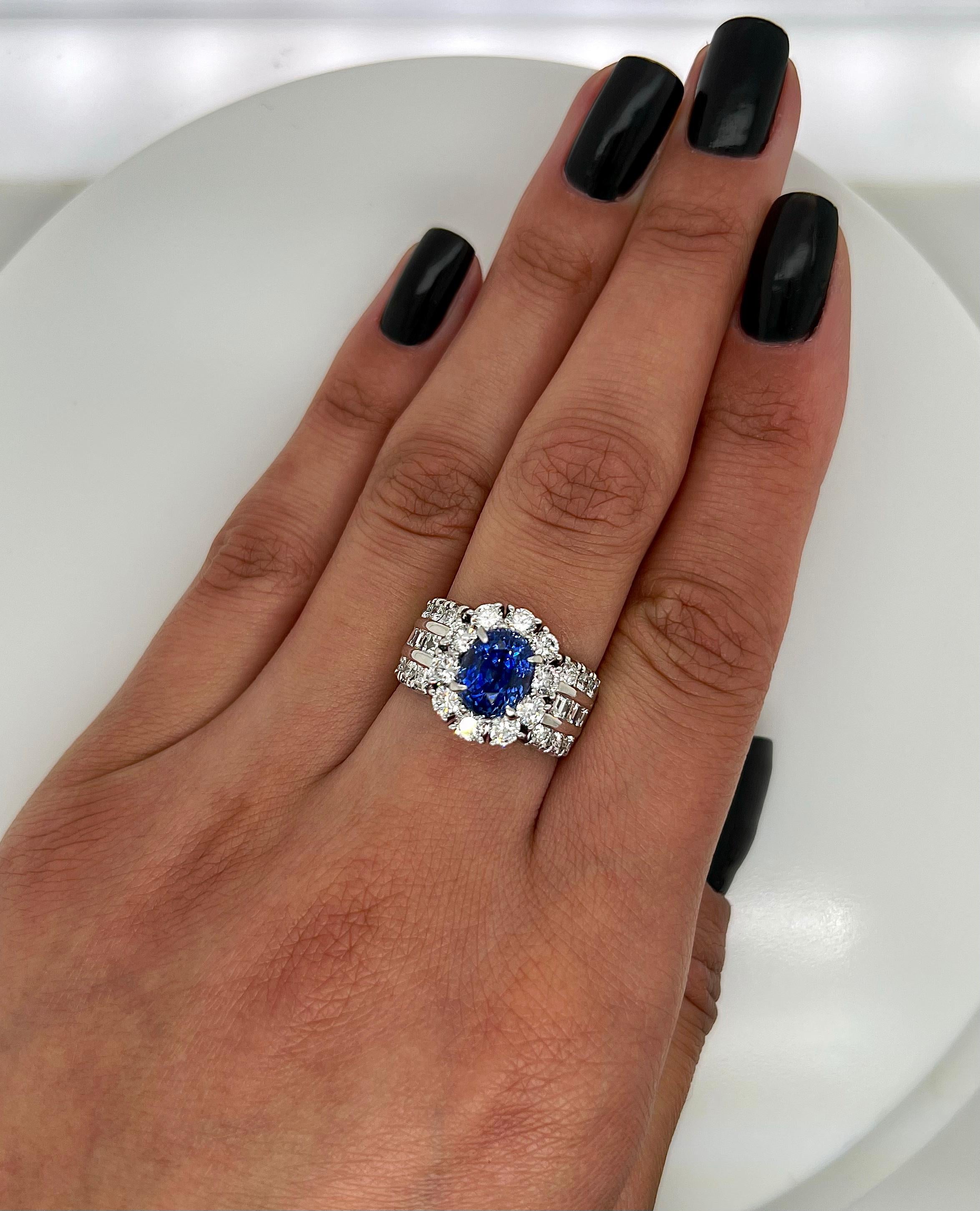 5.61 Total Carat Sapphire and Diamond Halo Channel-Set Ladies Ring In New Condition For Sale In New York, NY
