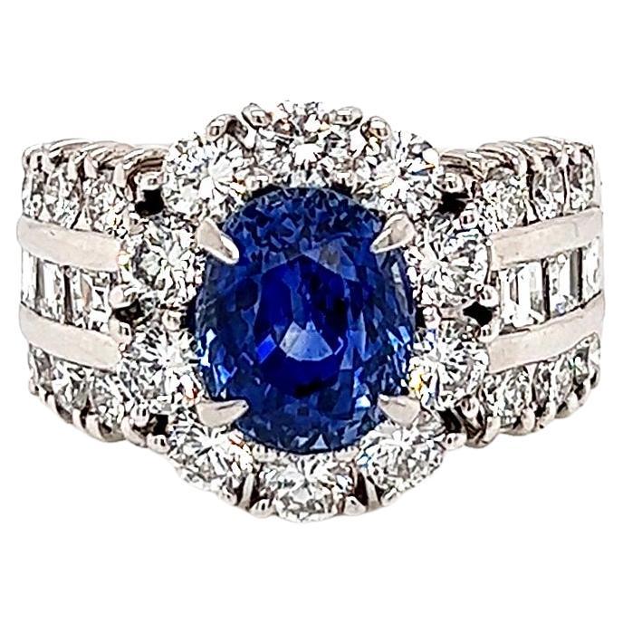 5.61 Total Carat Sapphire and Diamond Halo Channel-Set Ladies Ring