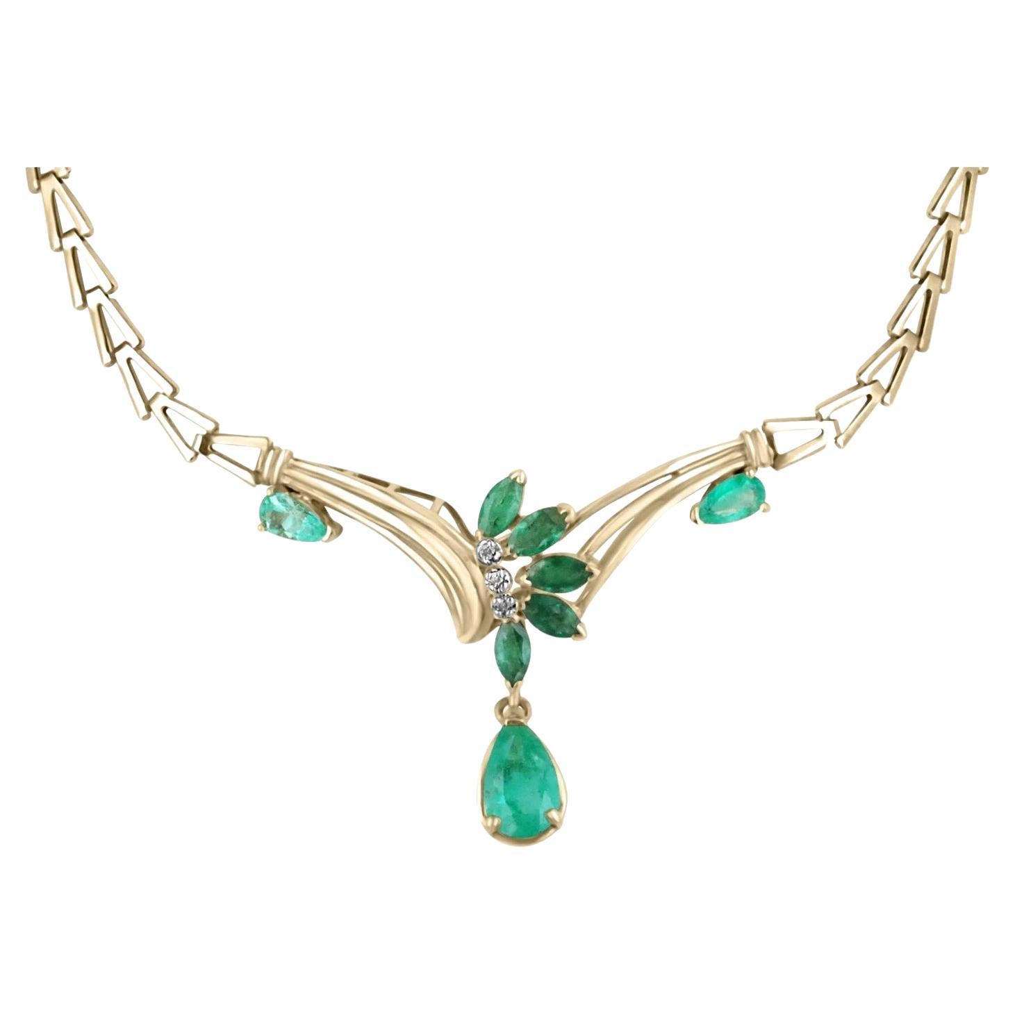 5.61tcw Natural Colombian Emerald & Diamond Antique Statement Necklace 14K