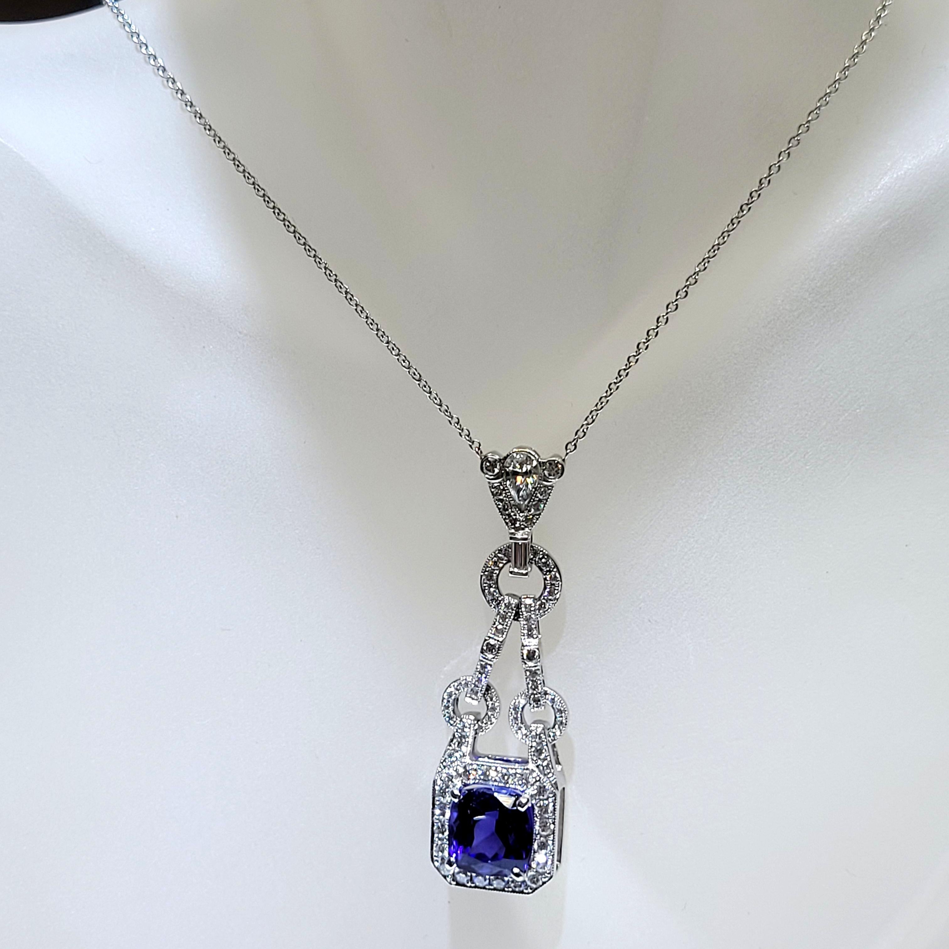 Cushion Cut 5.62 Carat Cushion Shape Tanzanite Necklace with 1.40 Carat Diamonds on the Side For Sale