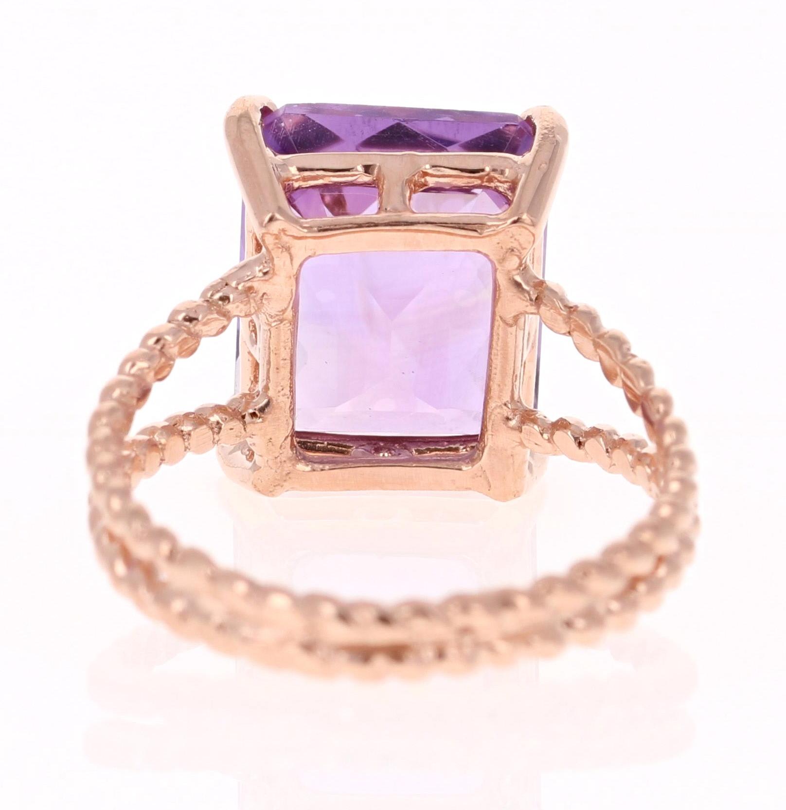 5.62 Carat Emerald Cut Amethyst Rose Gold Solitaire Ring In New Condition In Los Angeles, CA