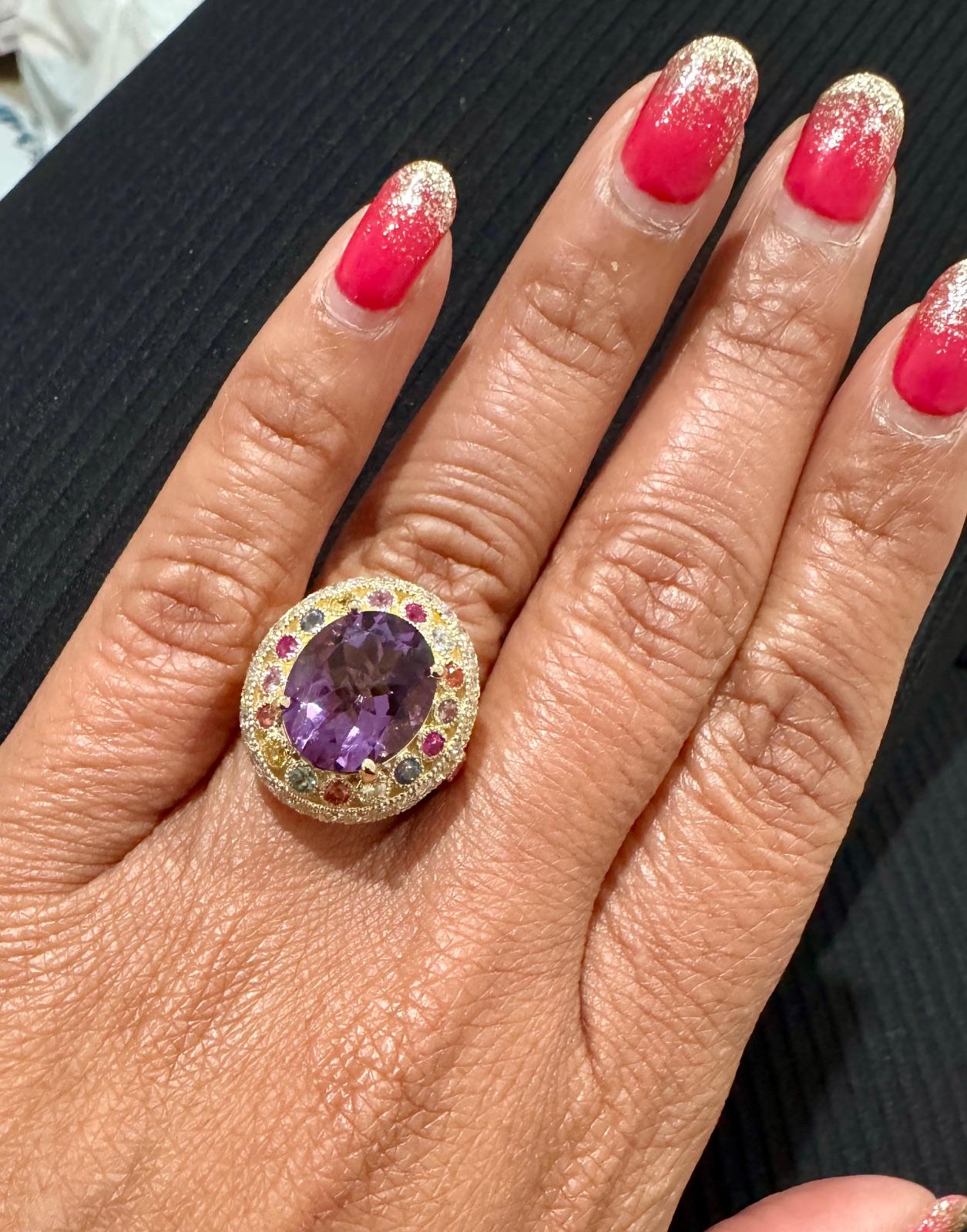 5.62 Carat Natural Amethyst Diamond Sapphire Yellow Gold Cocktail Ring In New Condition For Sale In Los Angeles, CA