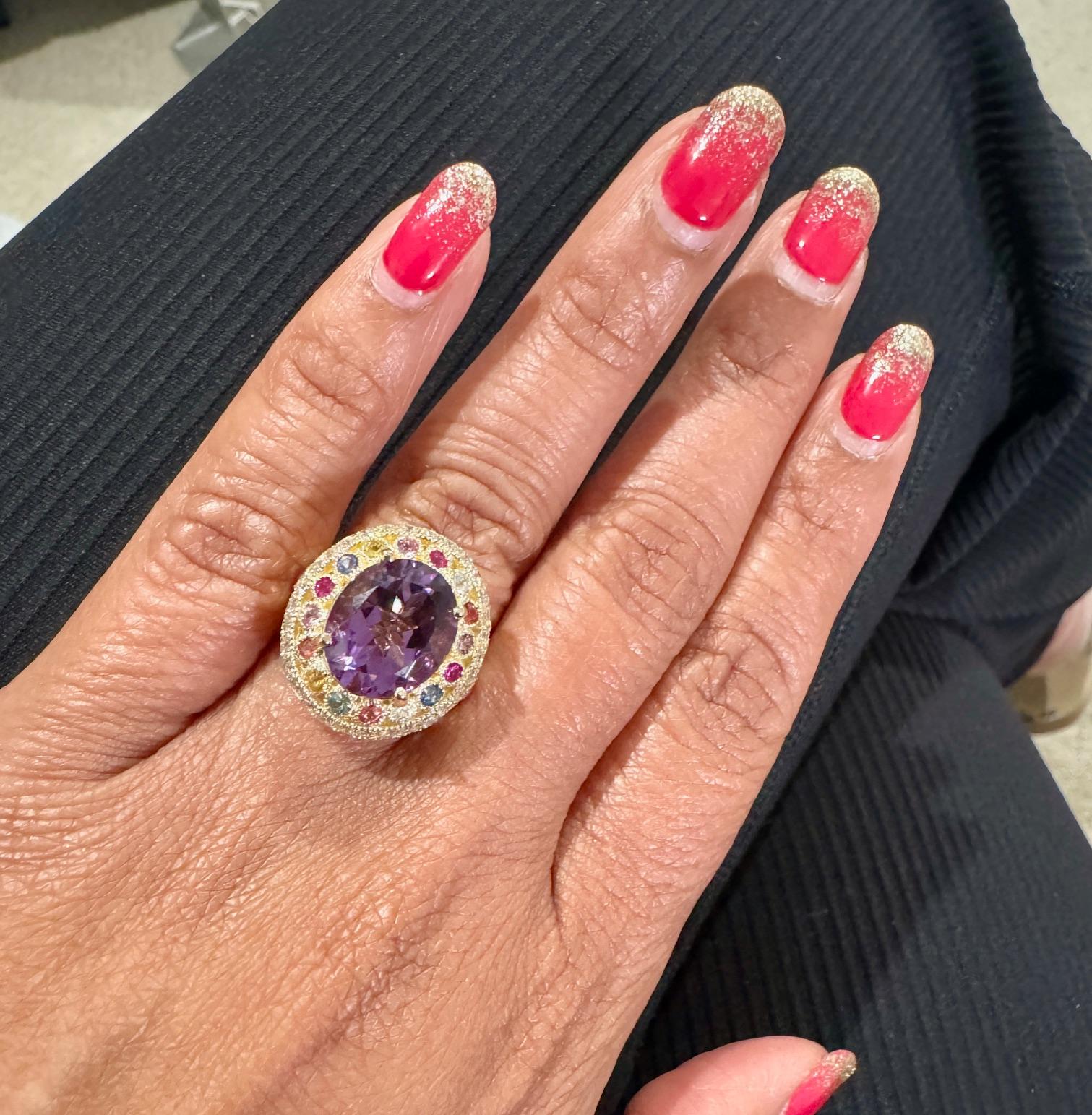 De las mujeres Anillo de cóctel de oro amarillo con amatista natural, diamante y zafiro de 5.62 quilates en venta