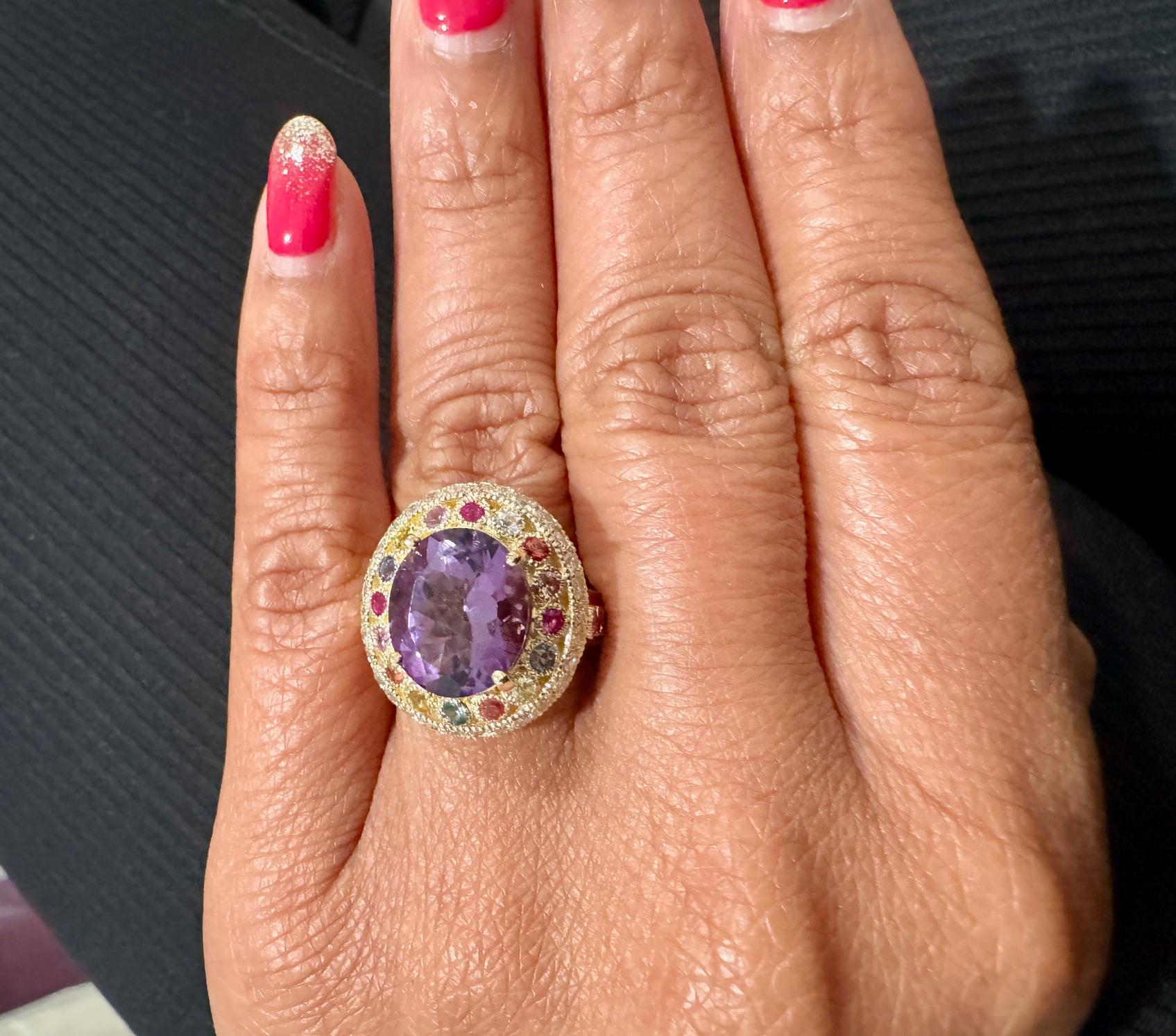5.62 Carat Natural Amethyst Diamond Sapphire Yellow Gold Cocktail Ring For Sale 2