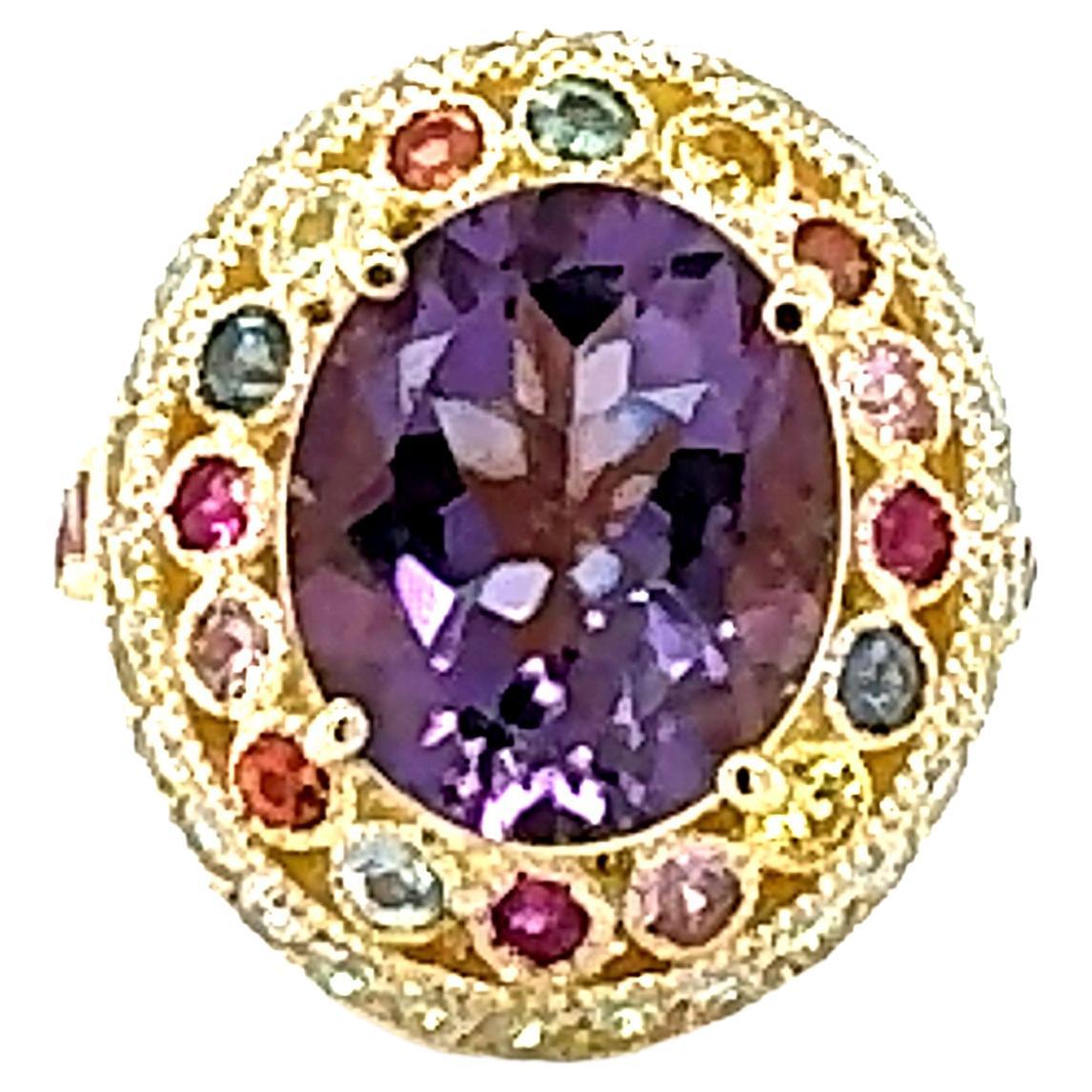 5.62 Karat Natürlicher Amethyst Diamant Saphir Gelbgold Cocktail Ring