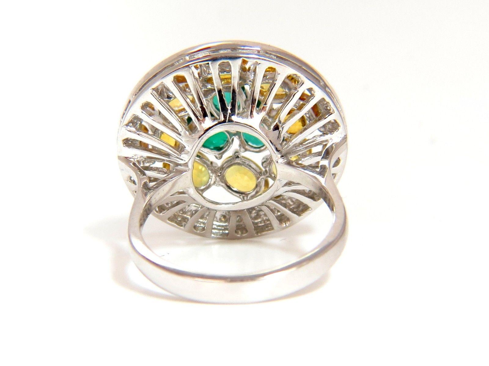 5.62 Carat Natural Fancy Yellow Sapphires Vivid Green Emeralds Cluster Ring For Sale 4