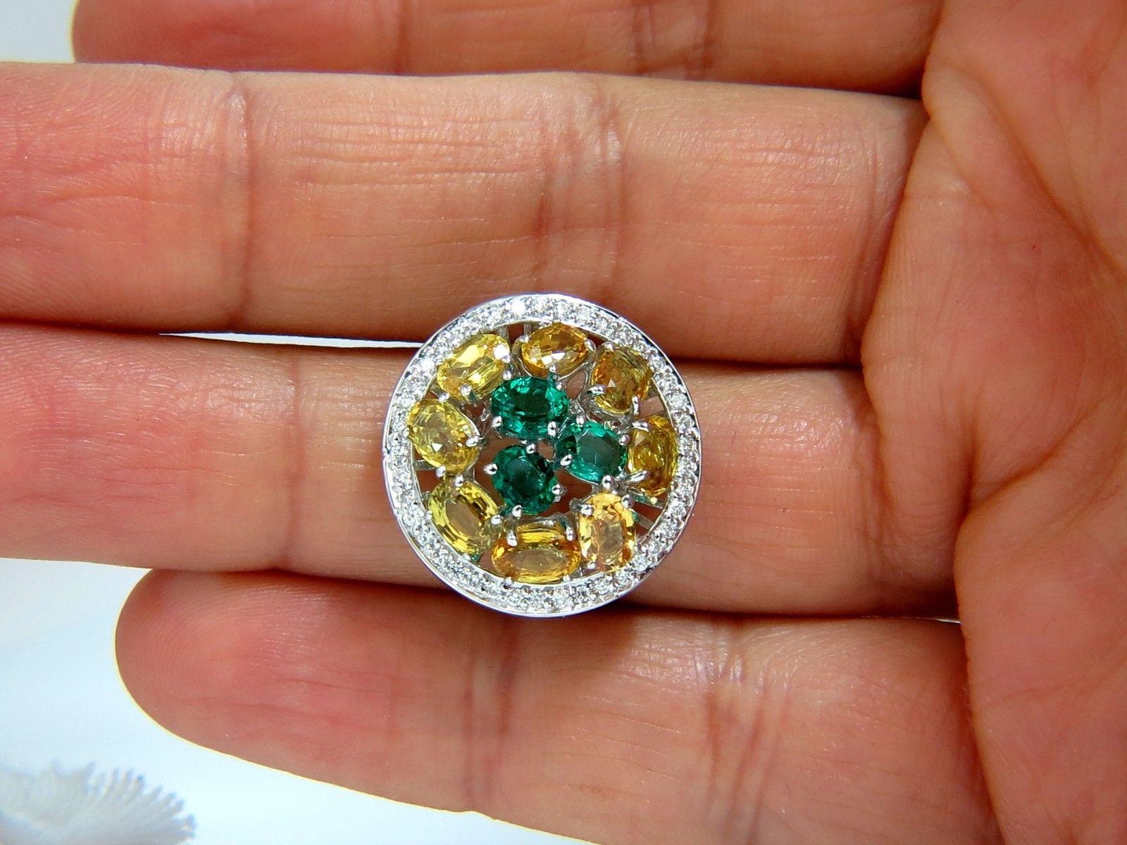 Oval Cut 5.62 Carat Natural Fancy Yellow Sapphires Vivid Green Emeralds Cluster Ring For Sale