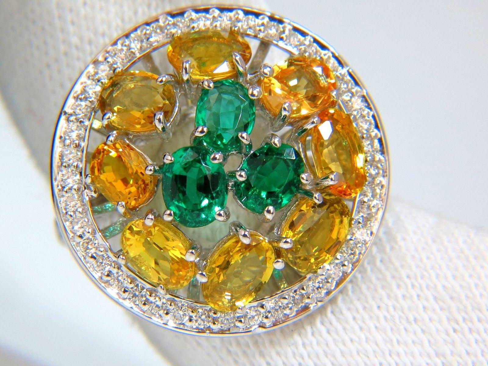Women's or Men's 5.62 Carat Natural Fancy Yellow Sapphires Vivid Green Emeralds Cluster Ring For Sale