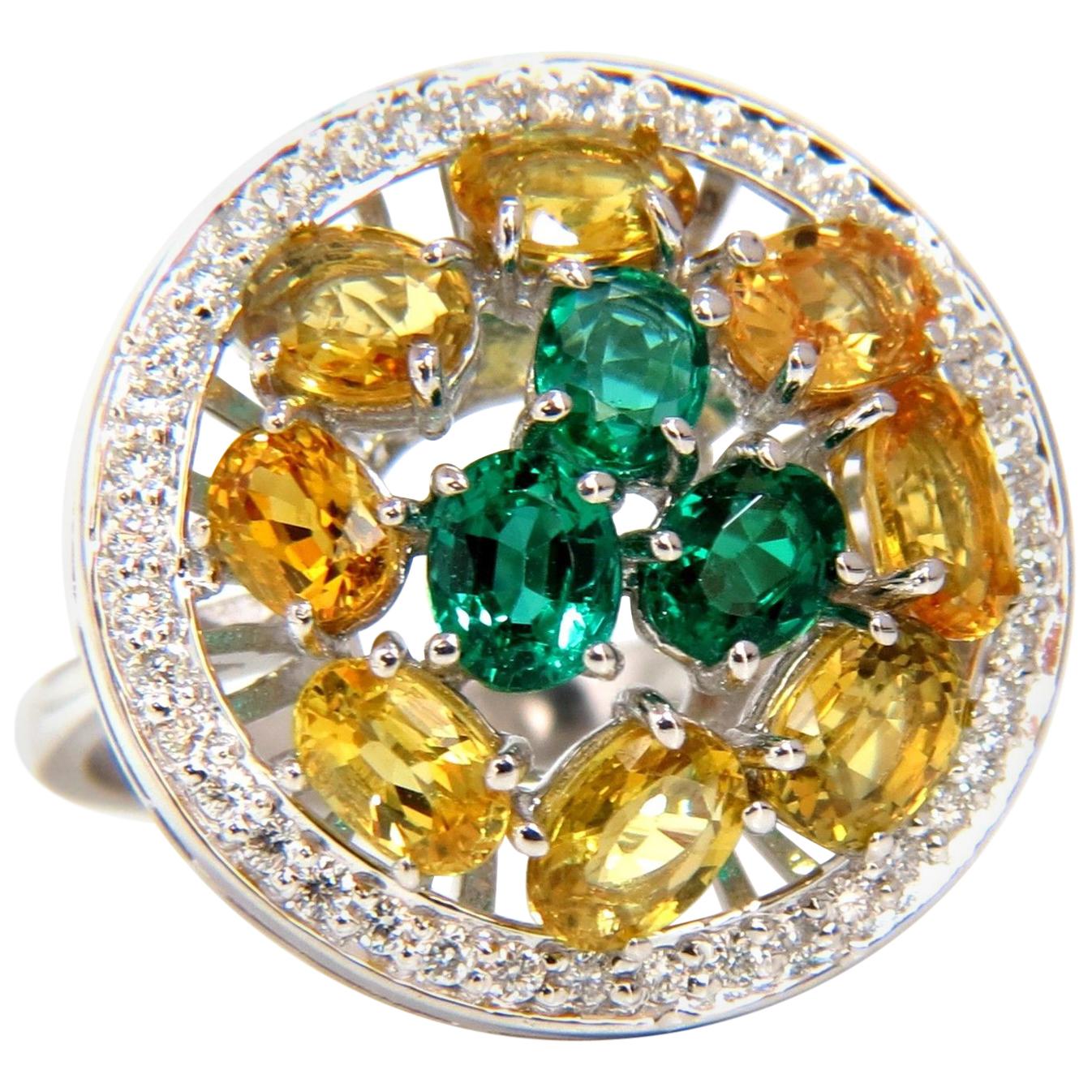 5.62 Carat Natural Fancy Yellow Sapphires Vivid Green Emeralds Cluster Ring For Sale