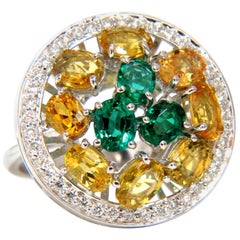 Bague en grappe de saphirs jaunes fantaisie naturels de 5,62 carats et d'émeraudes verts vifs