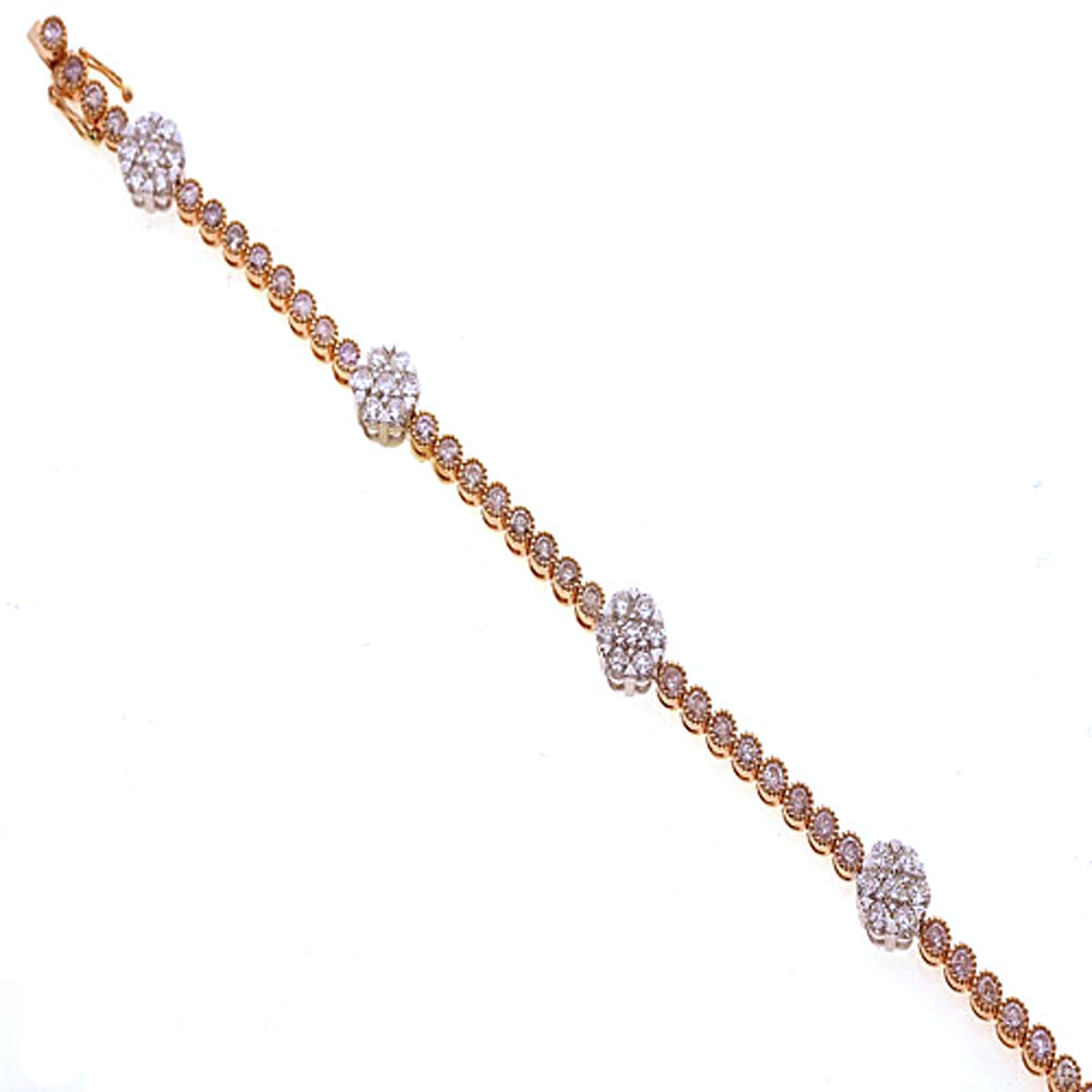 Beautiful and elegant 5.62 Carat Natural Pink Diamond Bracelet made by Almor Designs. The Natural Pink Diamonds Weigh 2.74 Carats, and the White Diamonds Weigh 2.88 Carats. This bracelet is set in 18 Karat Rose and White Gold, and Weighs 14.07