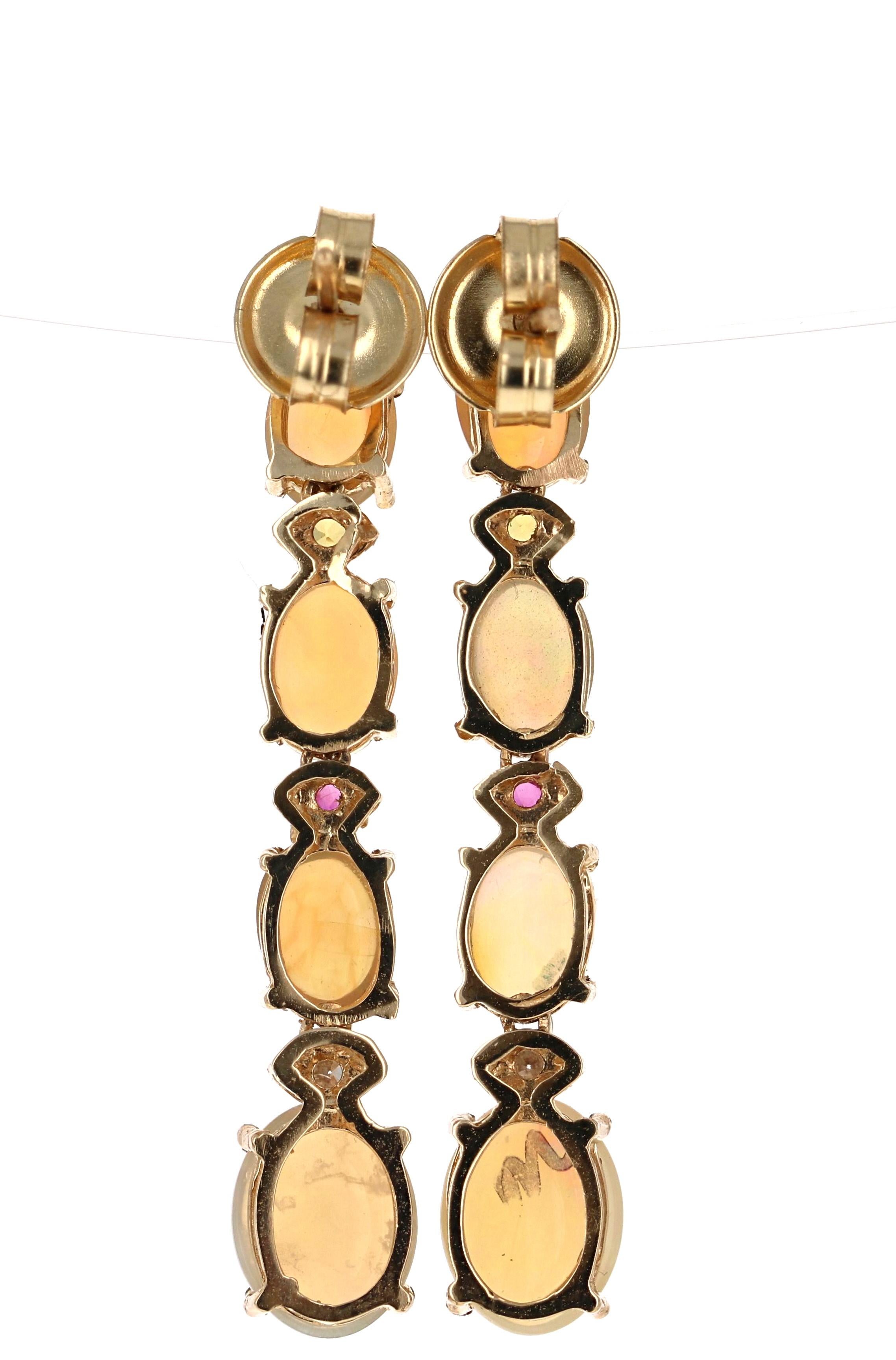 Art Deco 5.62 Carat Opal, Sapphire and Diamond 14 Karat Dangling Gold Earrings