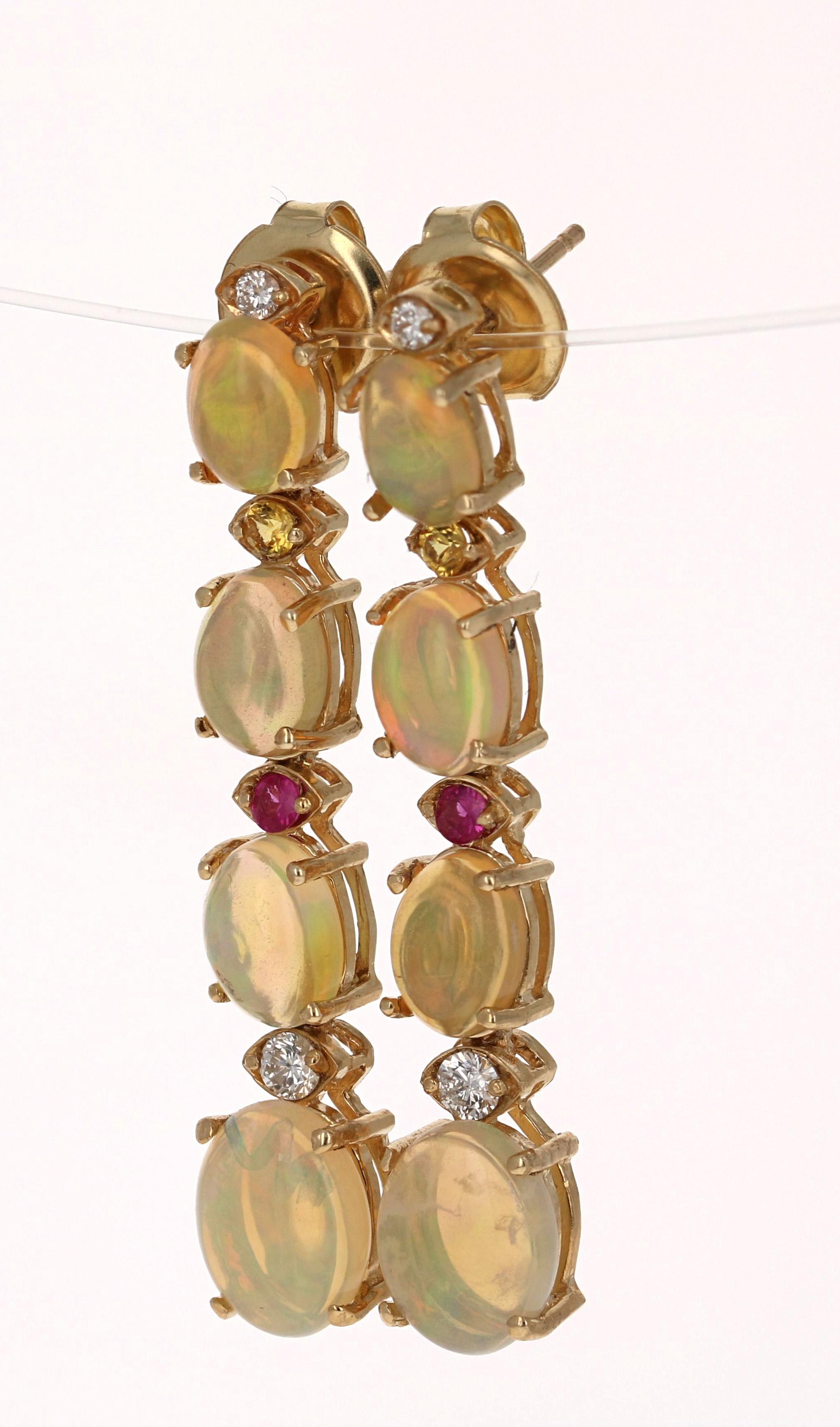 Oval Cut 5.62 Carat Opal, Sapphire and Diamond 14 Karat Dangling Gold Earrings
