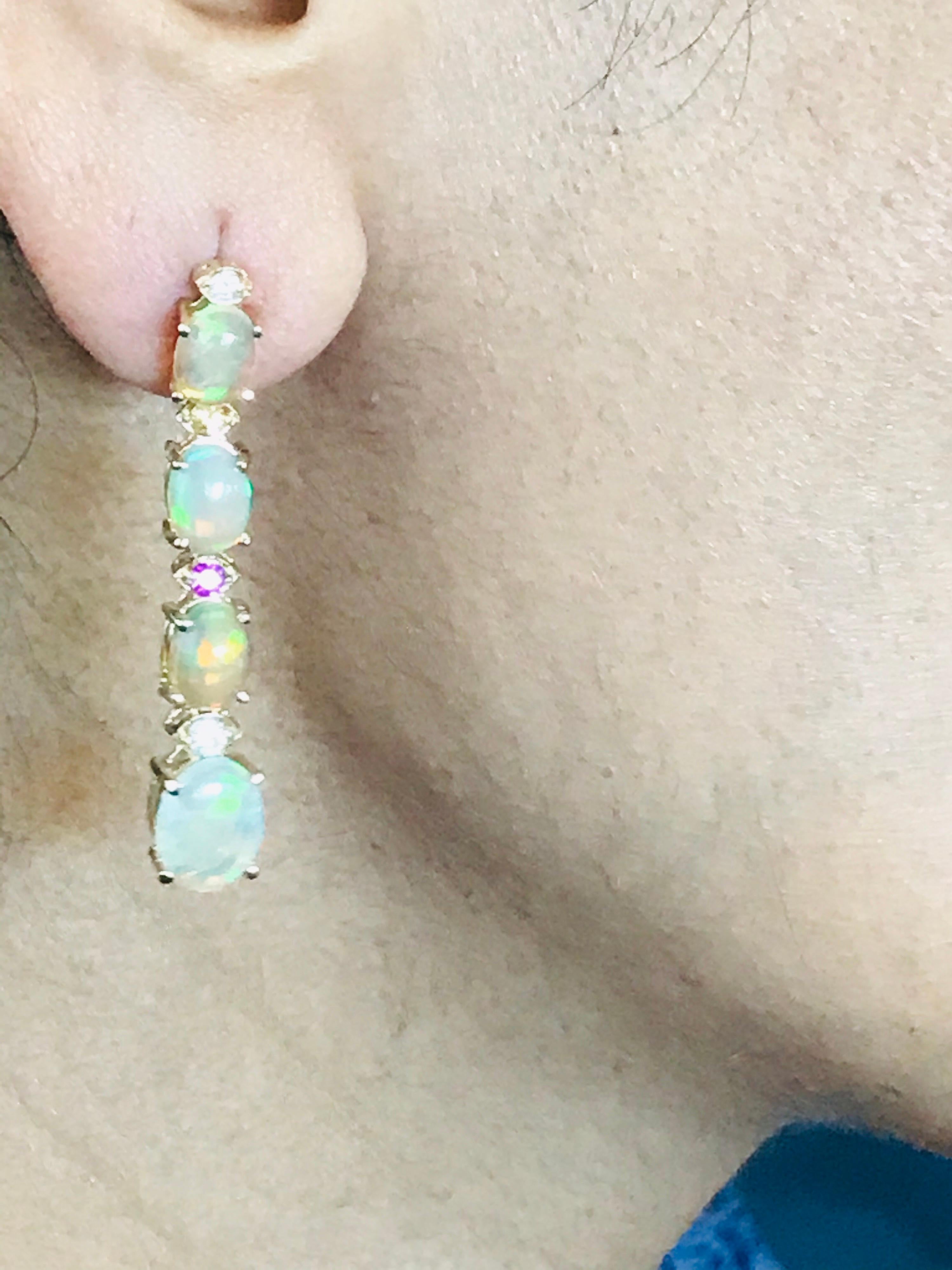 5.62 Carat Opal, Sapphire and Diamond 14 Karat Dangling Gold Earrings 1