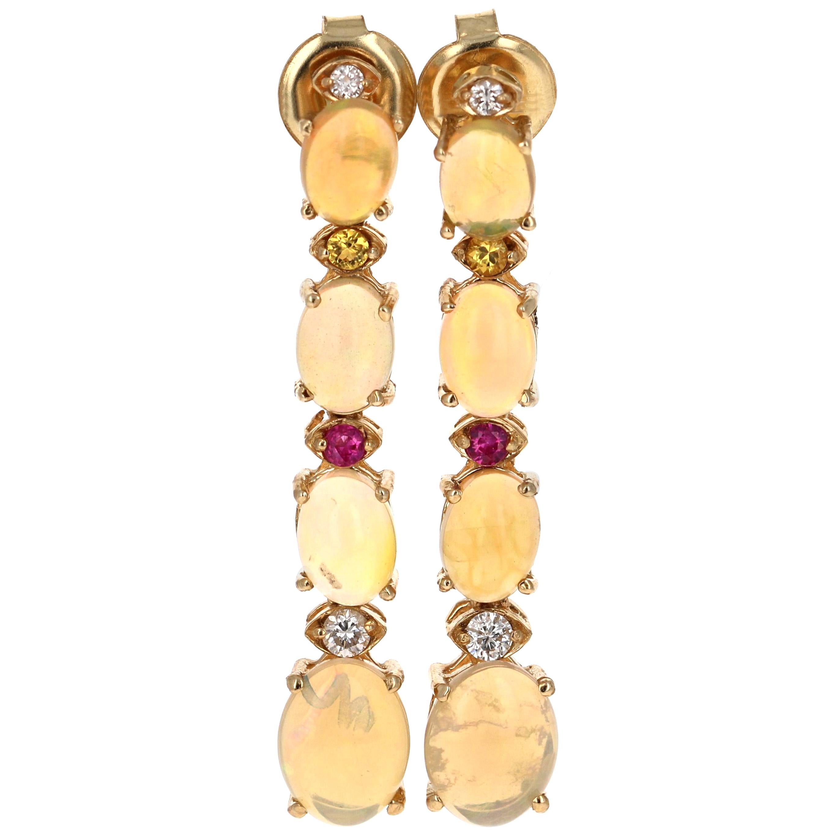 5.62 Carat Opal, Sapphire and Diamond 14 Karat Dangling Gold Earrings