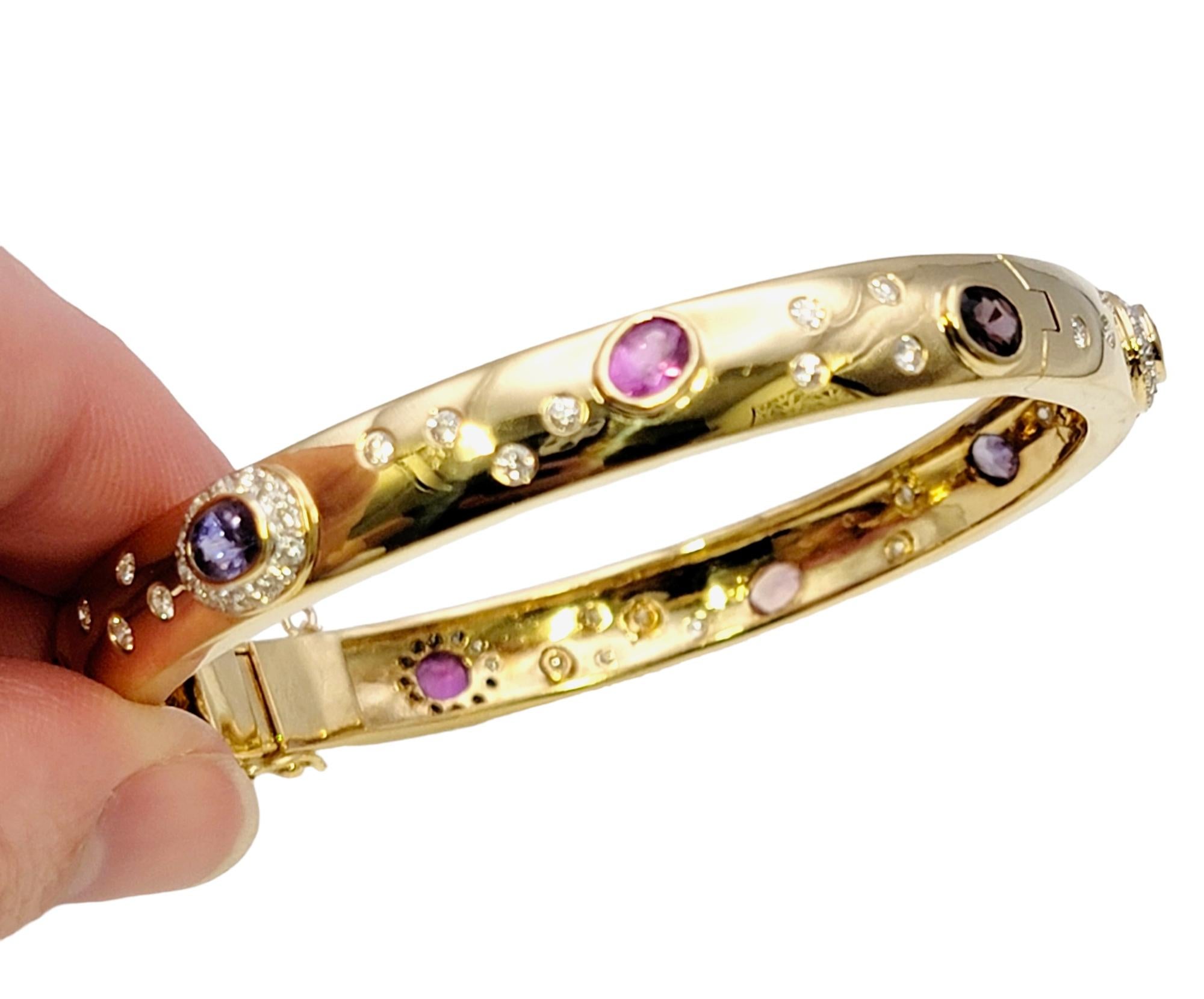 5.62 Carat Total Multi-Colored Sapphire and Diamond Yellow Gold Bangle Bracelet For Sale 6