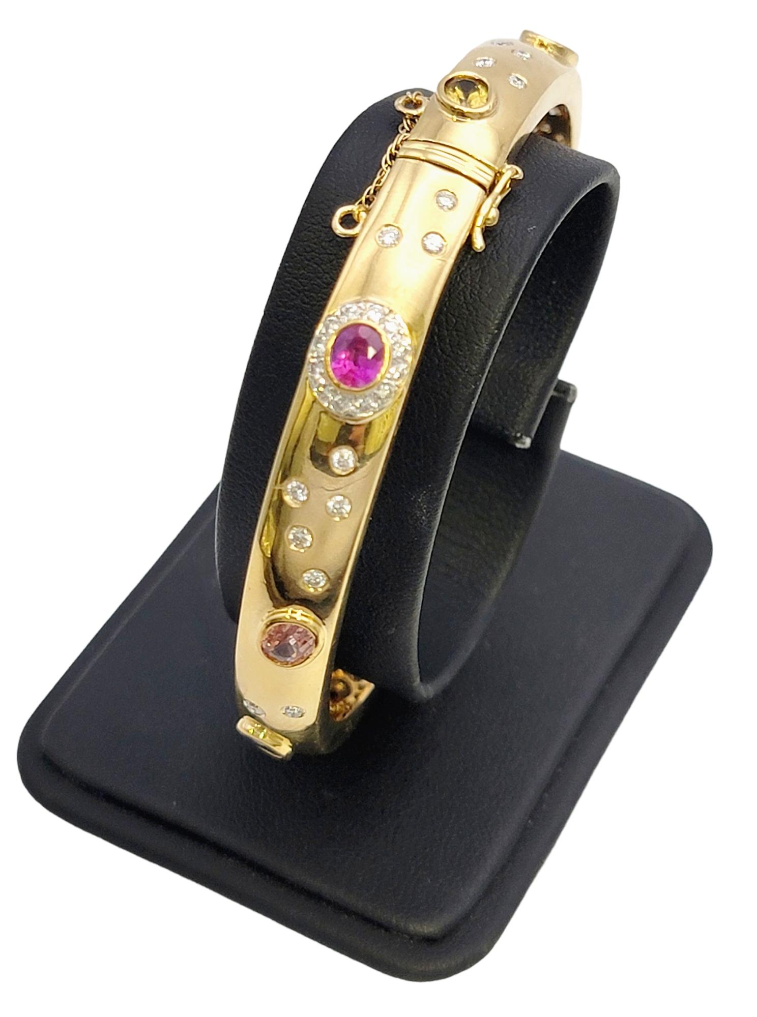 5.62 Carat Total Multi-Colored Sapphire and Diamond Yellow Gold Bangle Bracelet For Sale 10