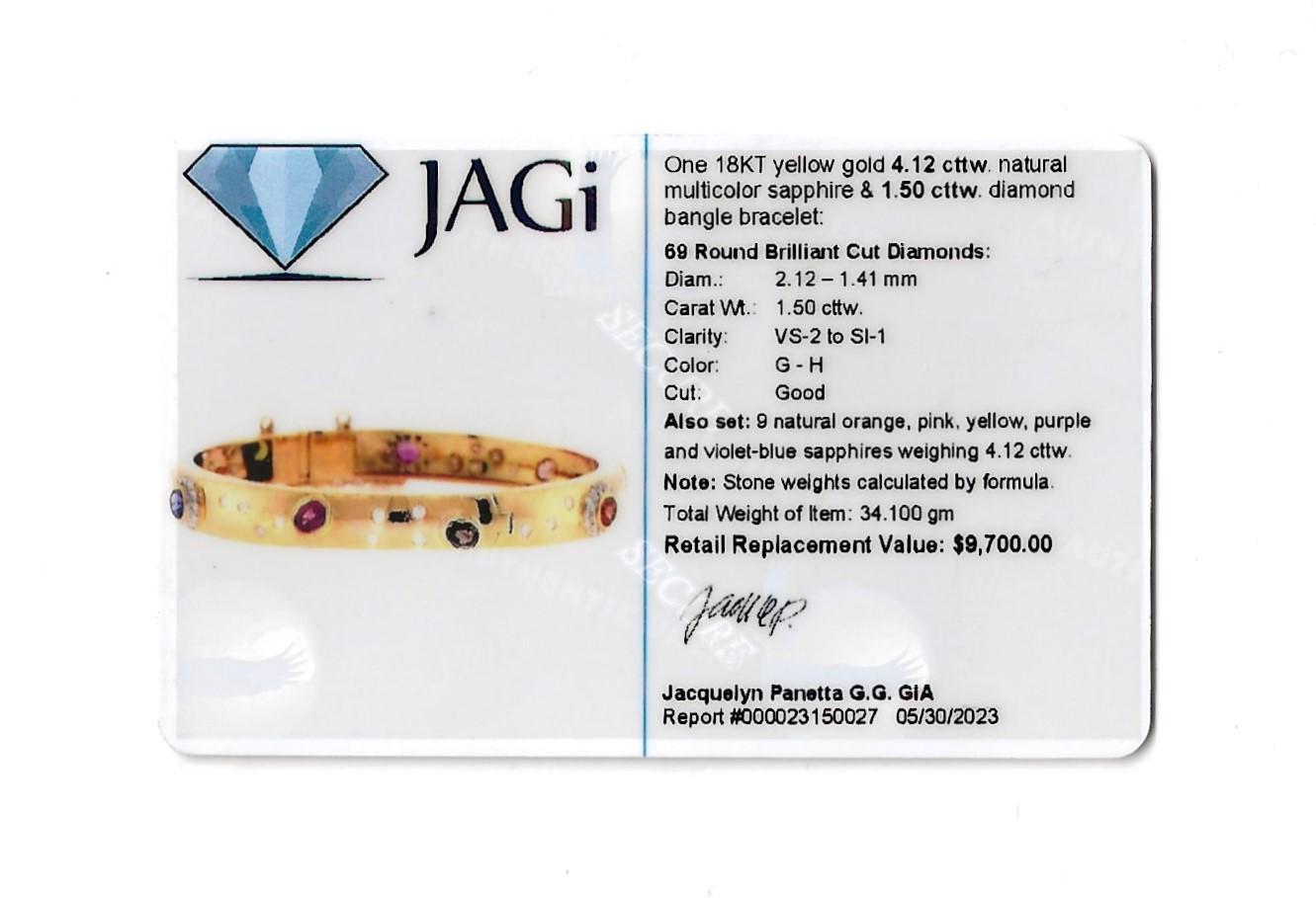 5.62 Carat Total Multi-Colored Sapphire and Diamond Yellow Gold Bangle Bracelet For Sale 12