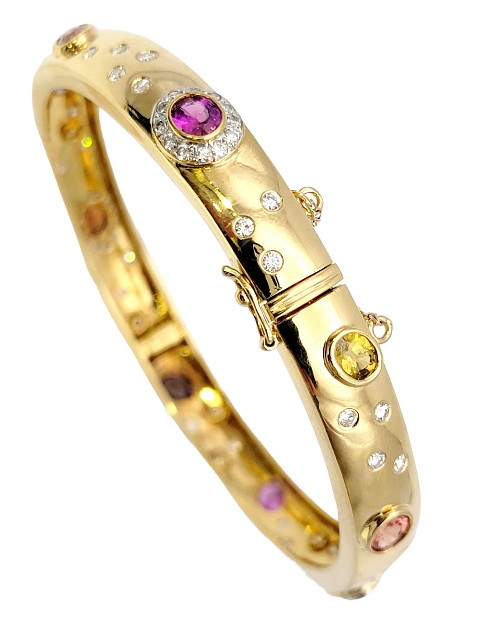 Contemporary 5.62 Carat Total Multi-Colored Sapphire and Diamond Yellow Gold Bangle Bracelet For Sale