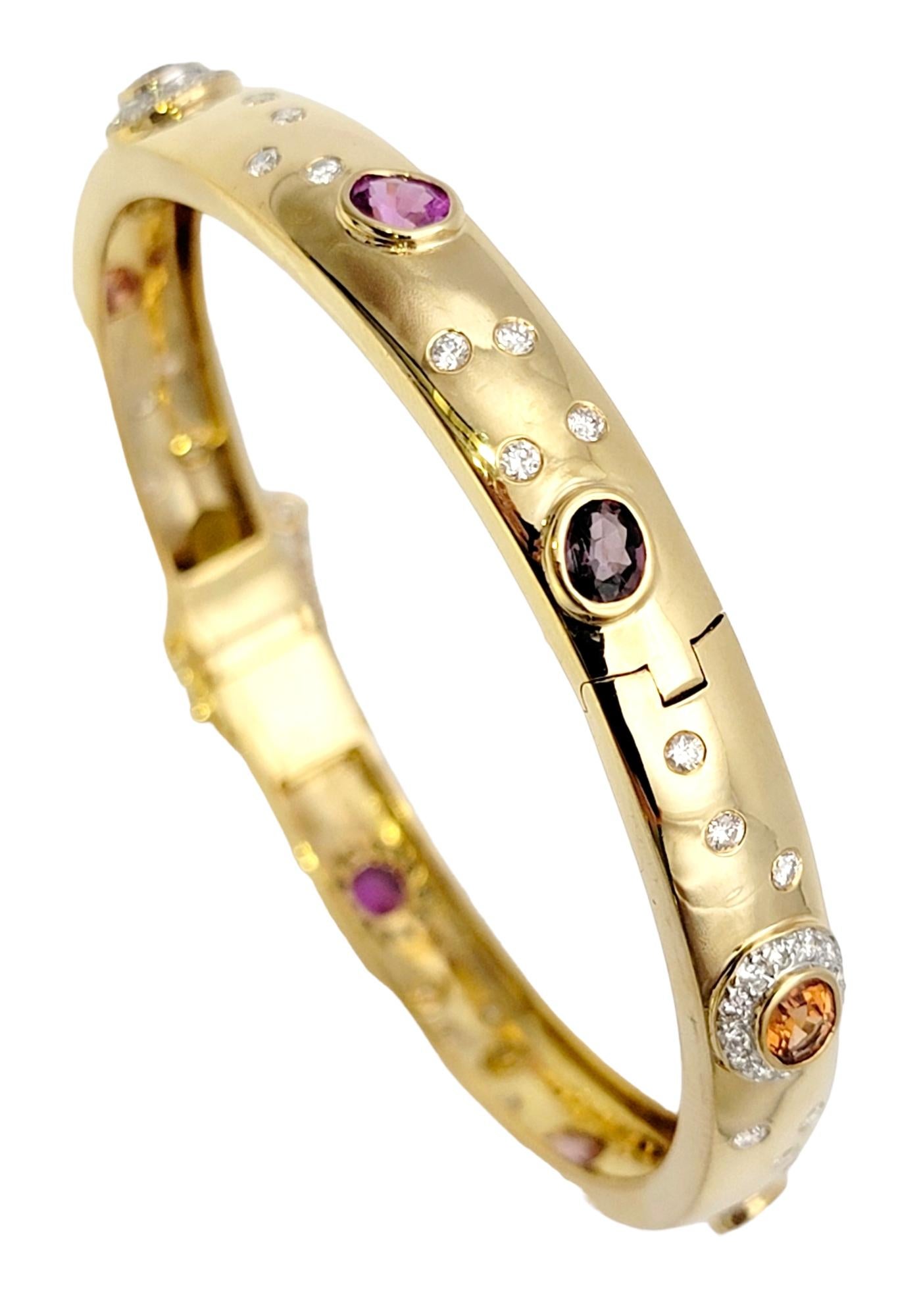Round Cut 5.62 Carat Total Multi-Colored Sapphire and Diamond Yellow Gold Bangle Bracelet For Sale