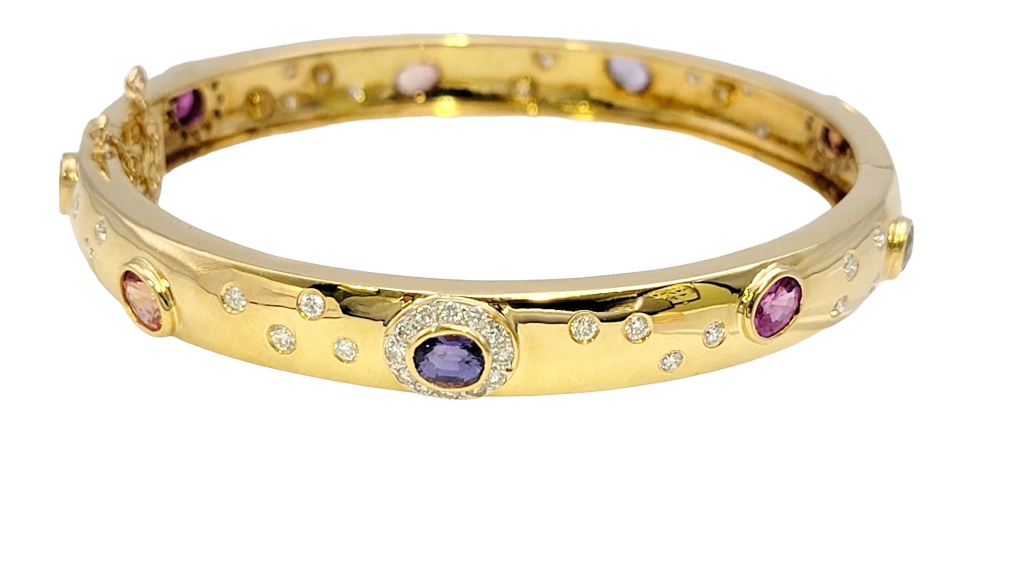 5.62 Carat Total Multi-Colored Sapphire and Diamond Yellow Gold Bangle Bracelet In Good Condition For Sale In Scottsdale, AZ