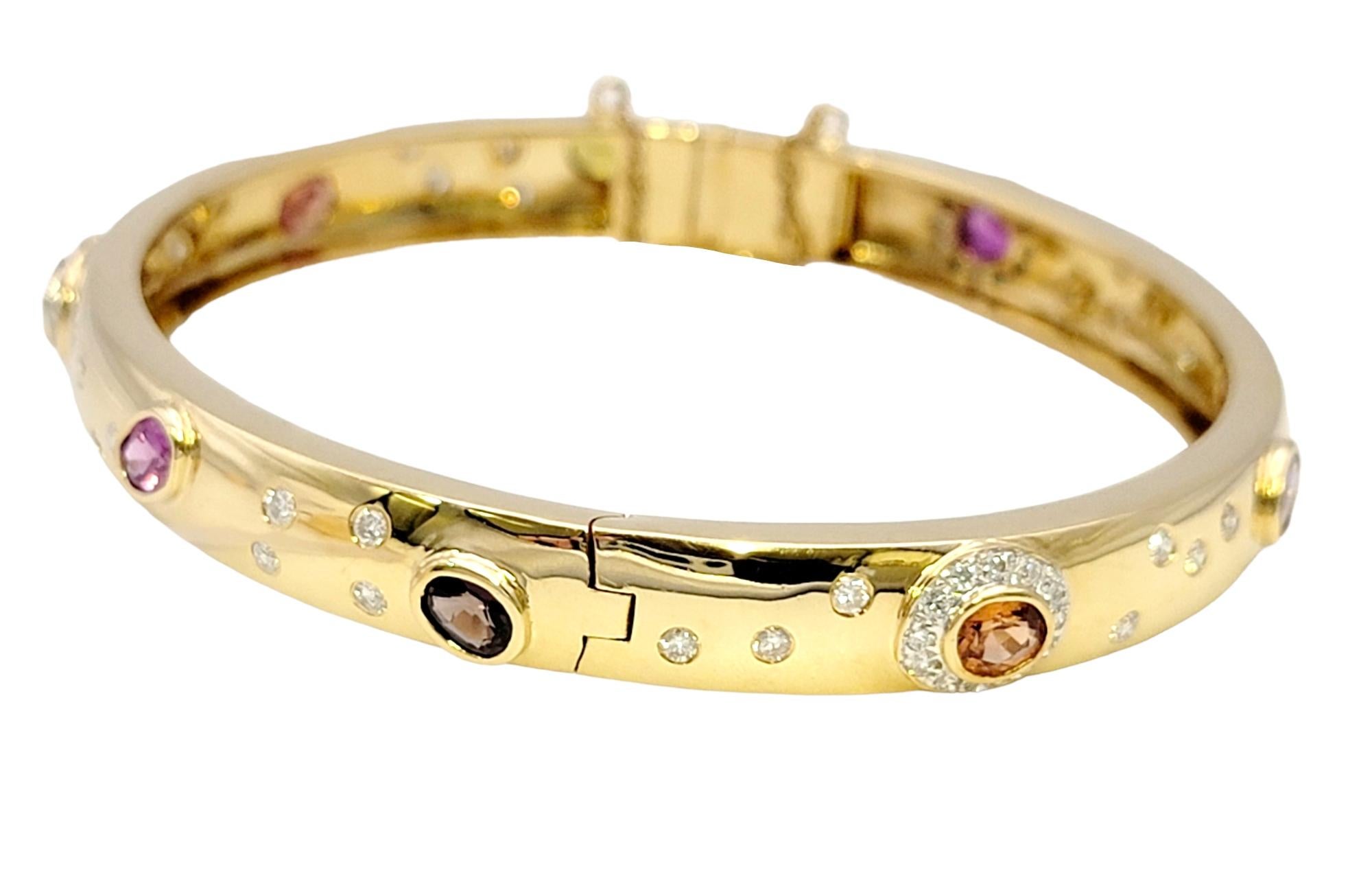 Women's 5.62 Carat Total Multi-Colored Sapphire and Diamond Yellow Gold Bangle Bracelet For Sale