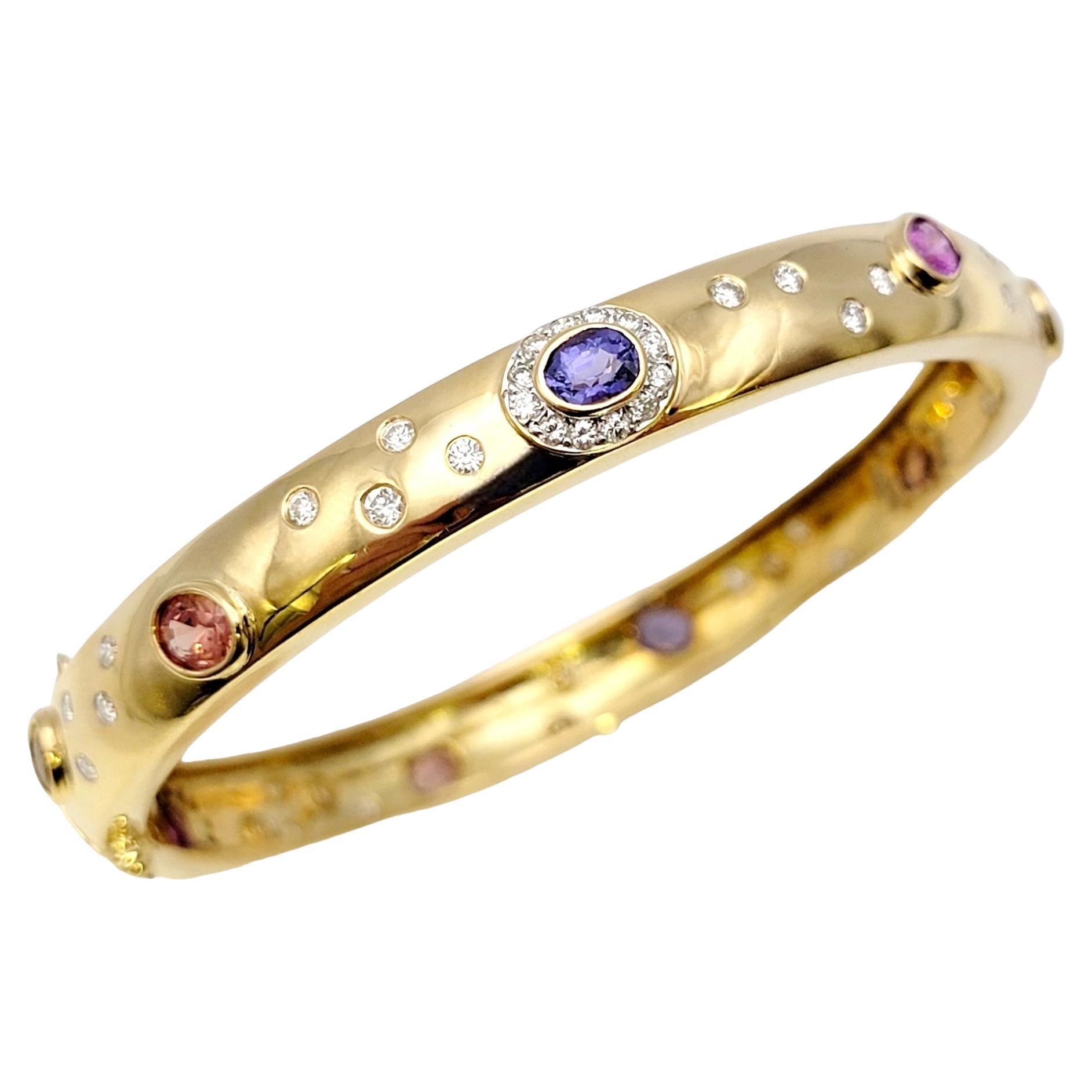 5.62 Carat Total Multi-Colored Sapphire and Diamond Yellow Gold Bangle Bracelet For Sale