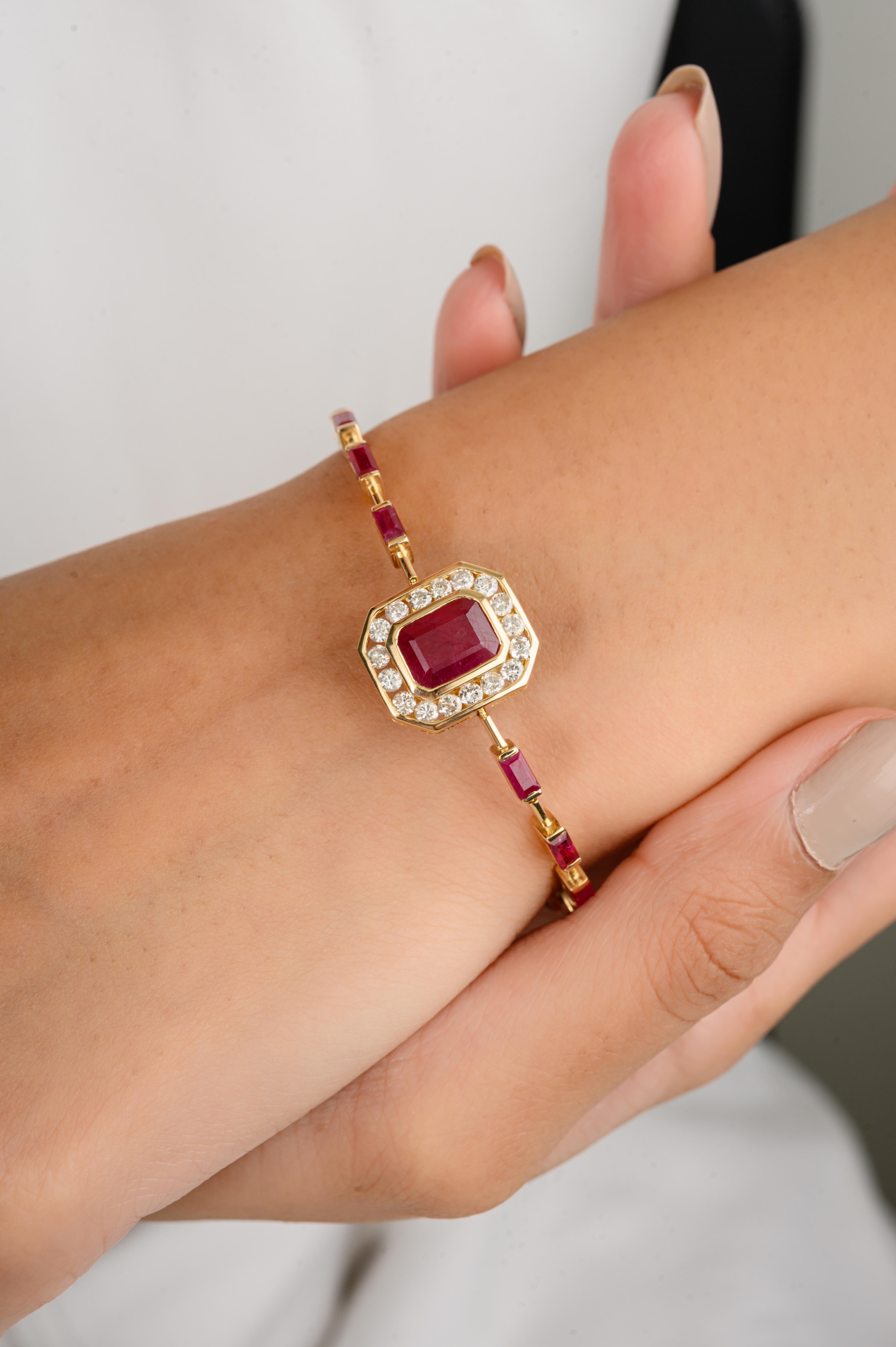 This 5.62 CTW Ruby and Diamond Wedding Bracelet for Women in 14K gold showcases endlessly sparkling natural ruby, weighing 5.62 carat and diamonds weighing 0.7 carats. It measures 7 inches long in length. 
Ruby improves mental strength.
Designed