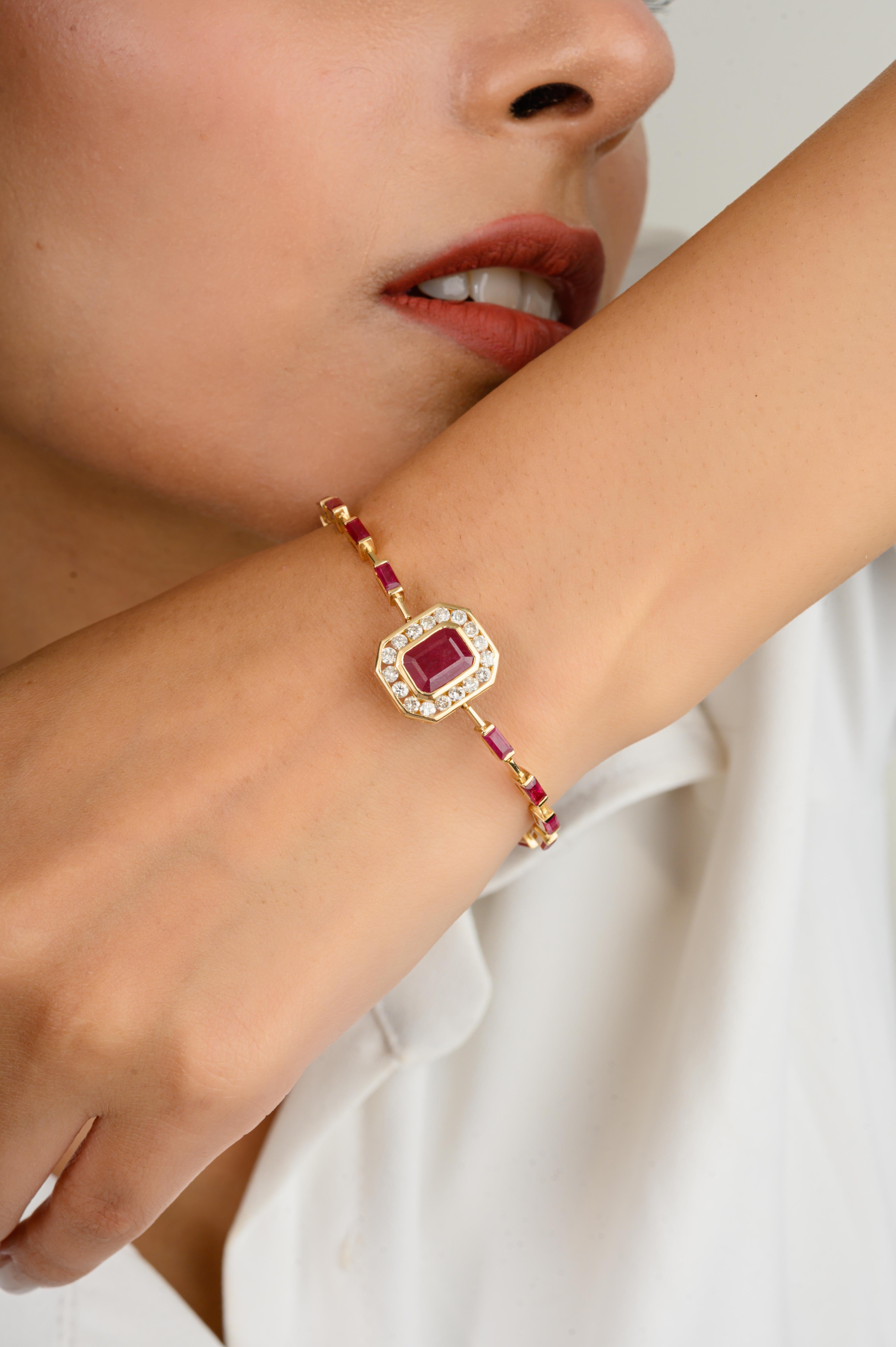 Mixed Cut 5.62 CTW Ruby and Diamond Wedding Bracelet for Women in 14k Solid Yellow Gold For Sale