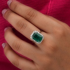 5.62Ct Zambian Emerald Diamond Halo 18k White Gold Cocktail Engagement Ring