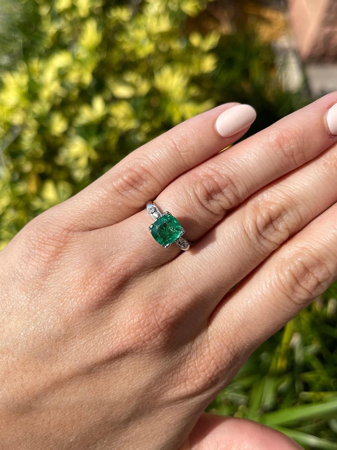 Modern 5.62tcw 14K Natural Emerald-Cushion Cut & Diamond Solitaire Vintage Ring