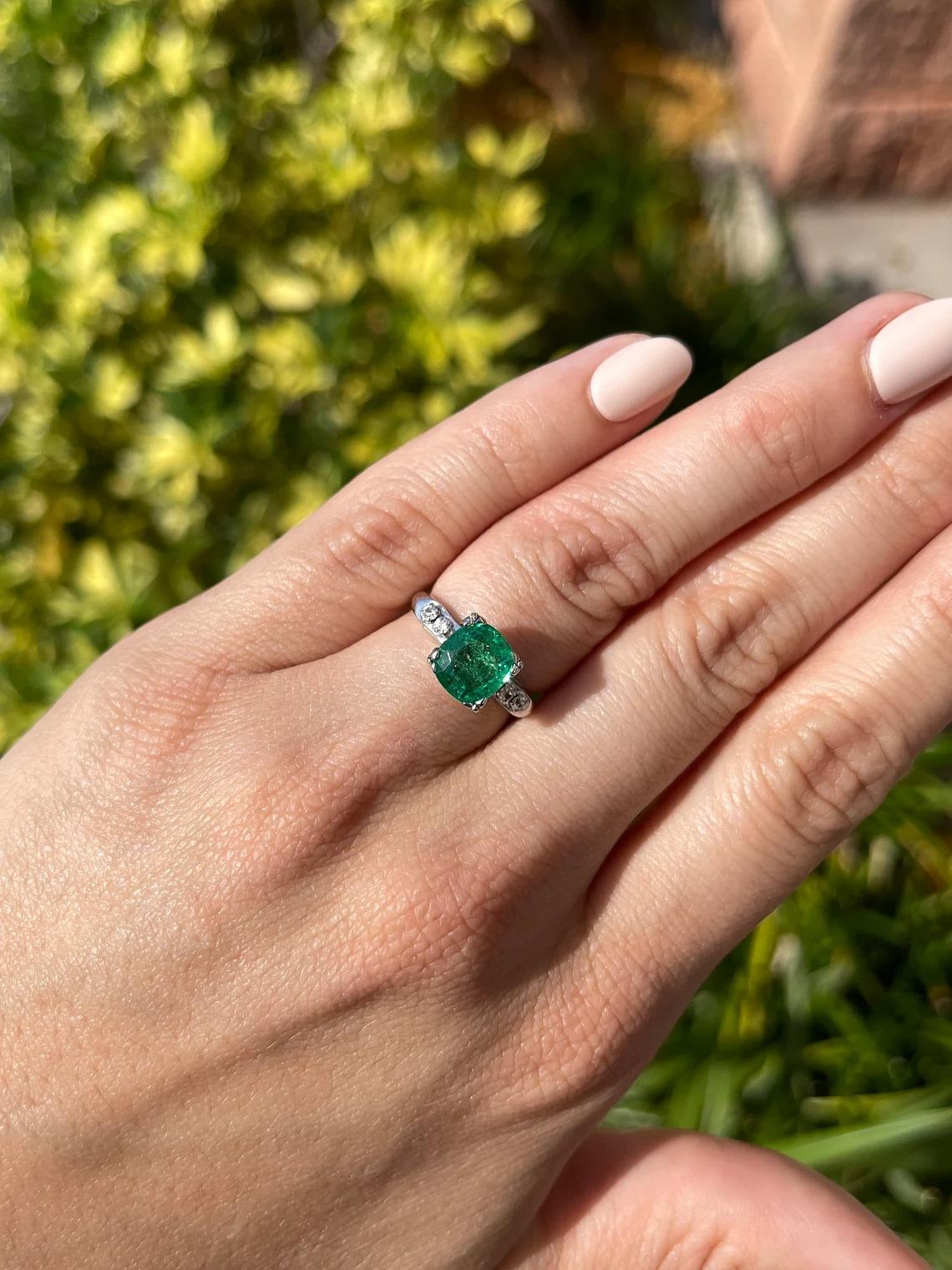5.62tcw 14K Natural Emerald-Cushion Cut & Diamond Solitaire Vintage Ring 1