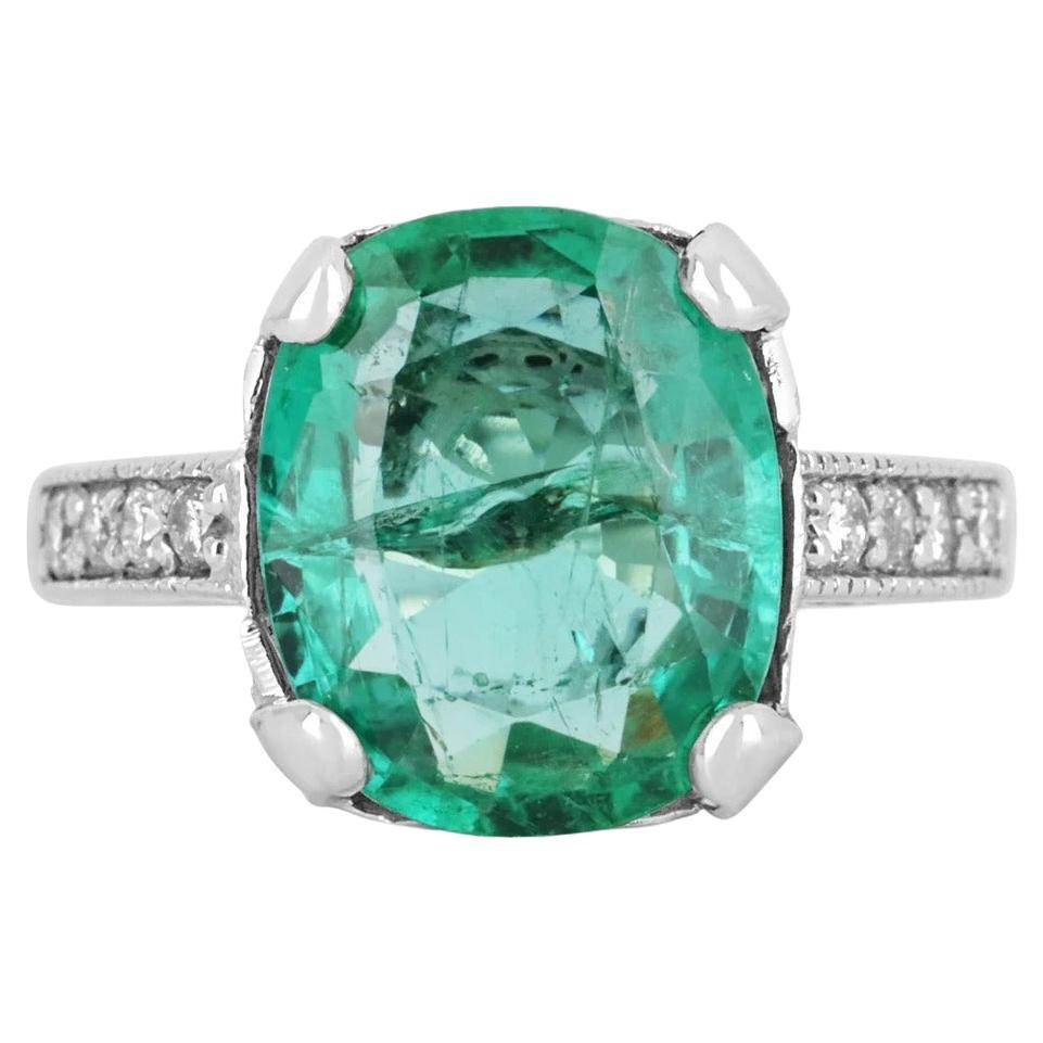 5.62tcw 14K Natural Emerald-Cushion Cut & Diamond Solitaire Vintage Ring