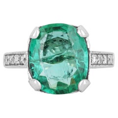 5.62tcw 14K Natural Emerald-Cushion Cut & Diamond Solitaire Vintage Ring