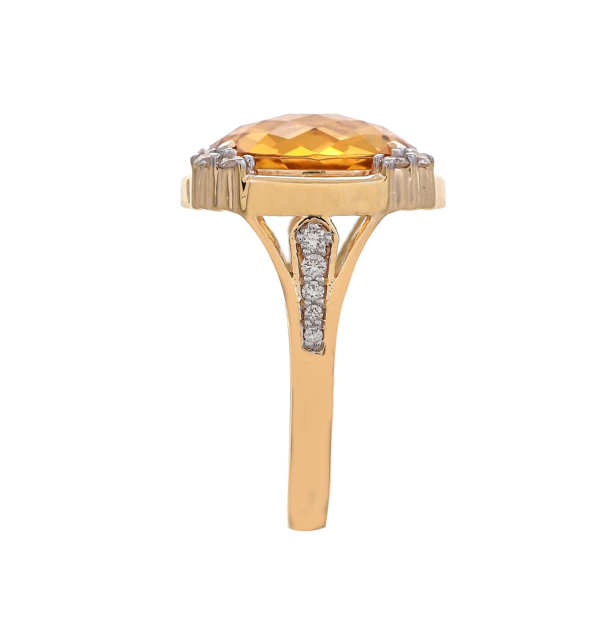 Centring on an oval-shaped citrine weighing approximately 5.63 carats, set on four sides with round shaped diamonds to a diamond set and openwork shoulders with a total diamond weight of approximately 0.34 carats, mounted in 18 karats yellow gold.