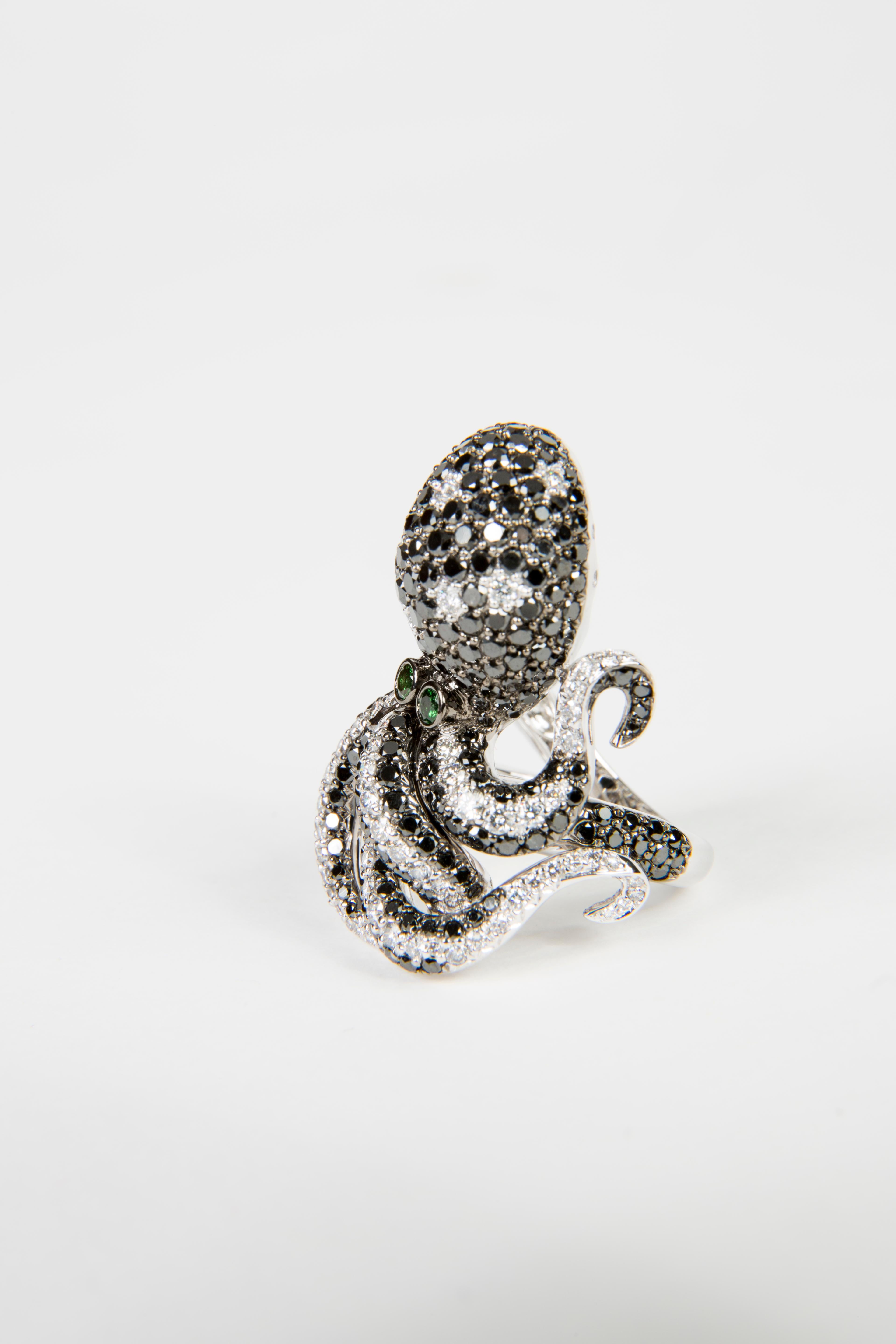 Cocktail Ring in Octopus Shape
1,21 ct white diamonds 
4,42 ct black diamonds
eyes made of tsavorites
18k white gold 
ring size 53 (can be changed one size up or down)