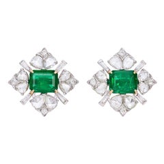 5.63 Carat Natural Square Emerald and 3.5 Carat Diamond Cluster Stud Earrings
