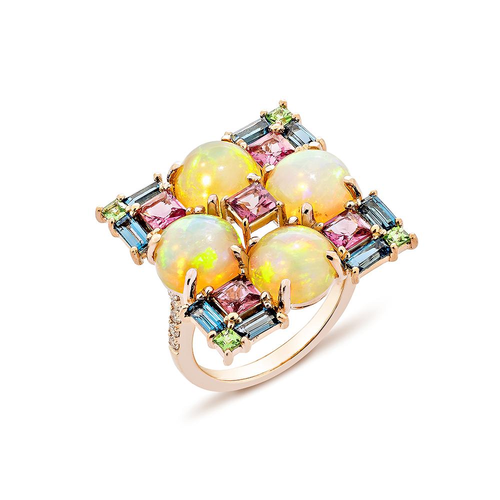 Contemporary 5.63 Carat Opal Cocktail Ring in 18KRG with Multi Gemstone & Diamond.   For Sale