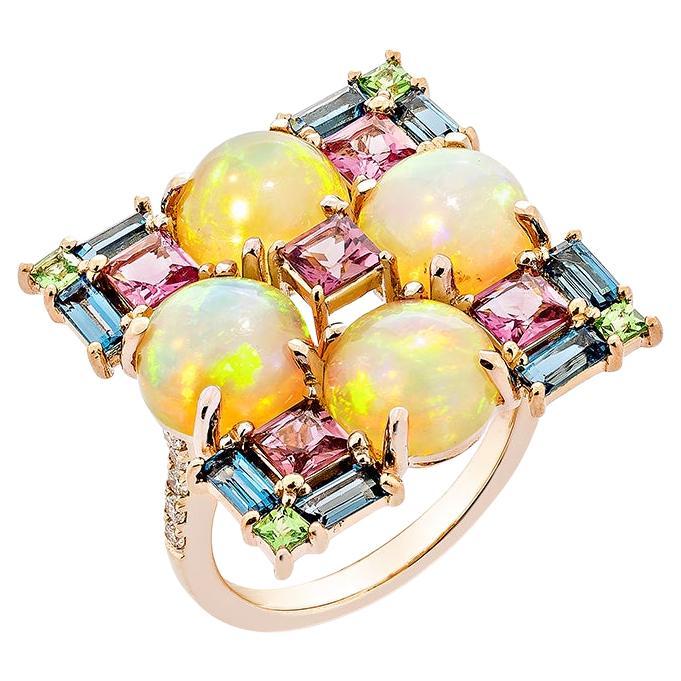 Bague cocktail en opale de 5,63 carats en 18KRG avec pierres multiples et diamants.  