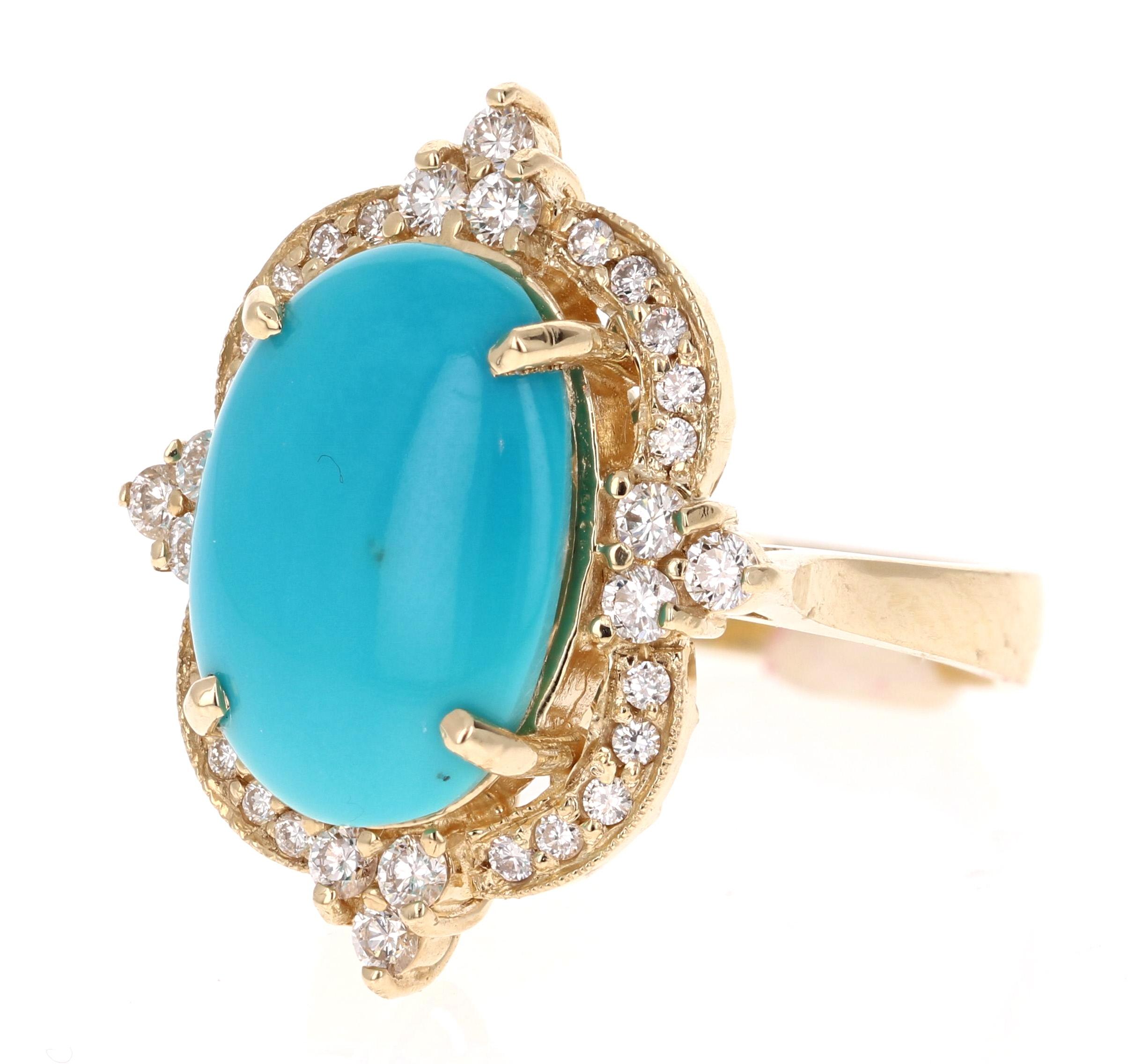 Oval Cut 5.63 Carat Victorian Inspired Turquoise Diamond Yellow Gold  Ring