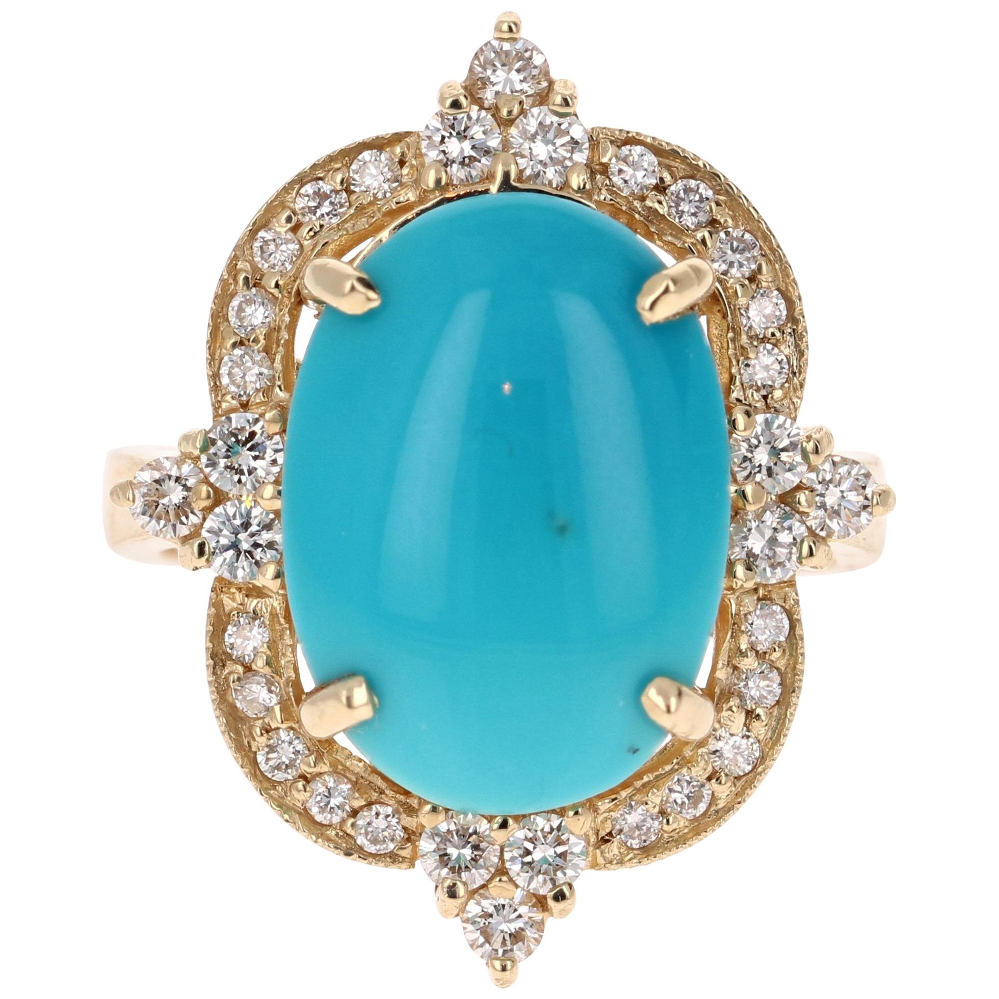 5.63 Carat Victorian Inspired Turquoise Diamond Yellow Gold  Ring